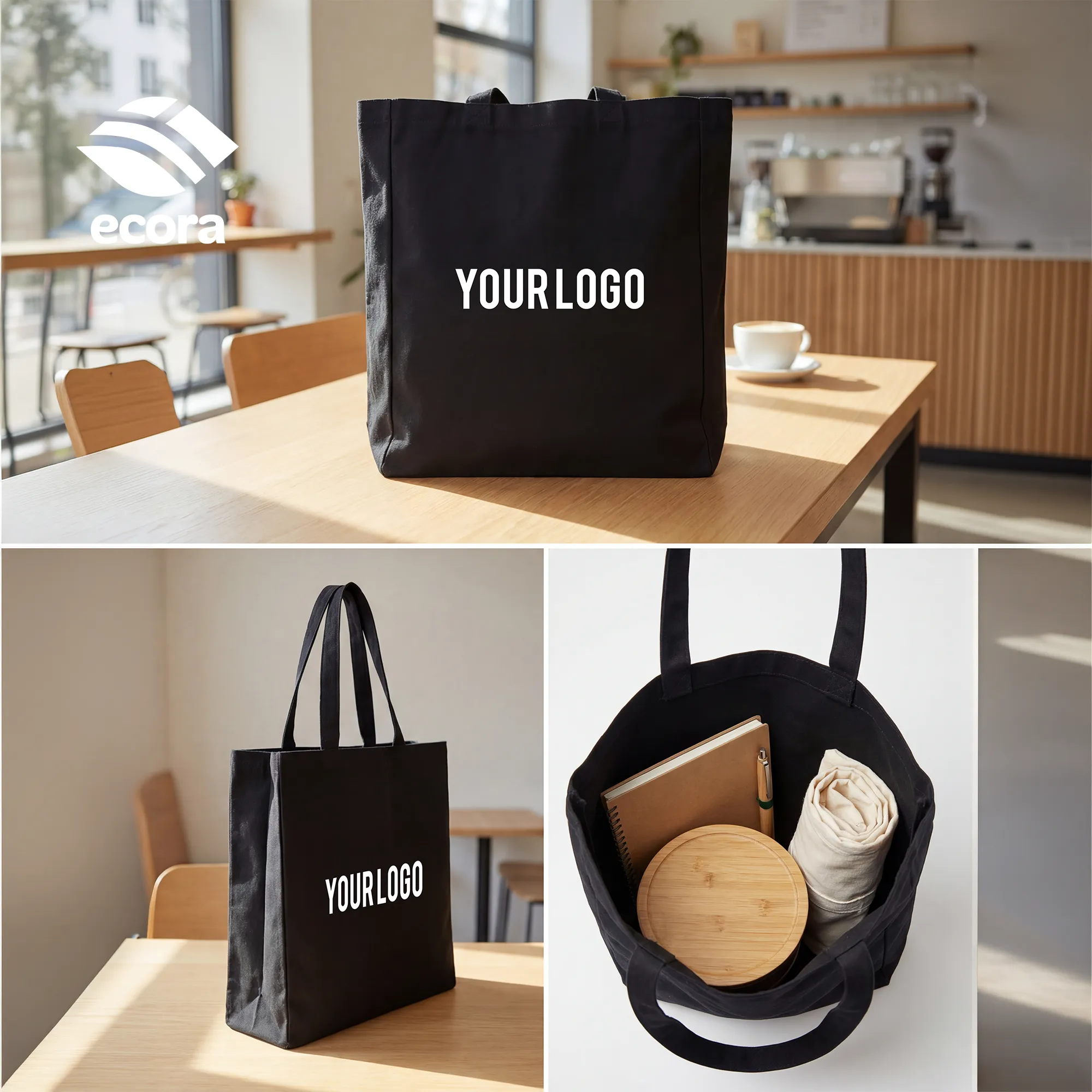 Veiro canvas shopping bag shown open with documents inside to demonstrate capacity