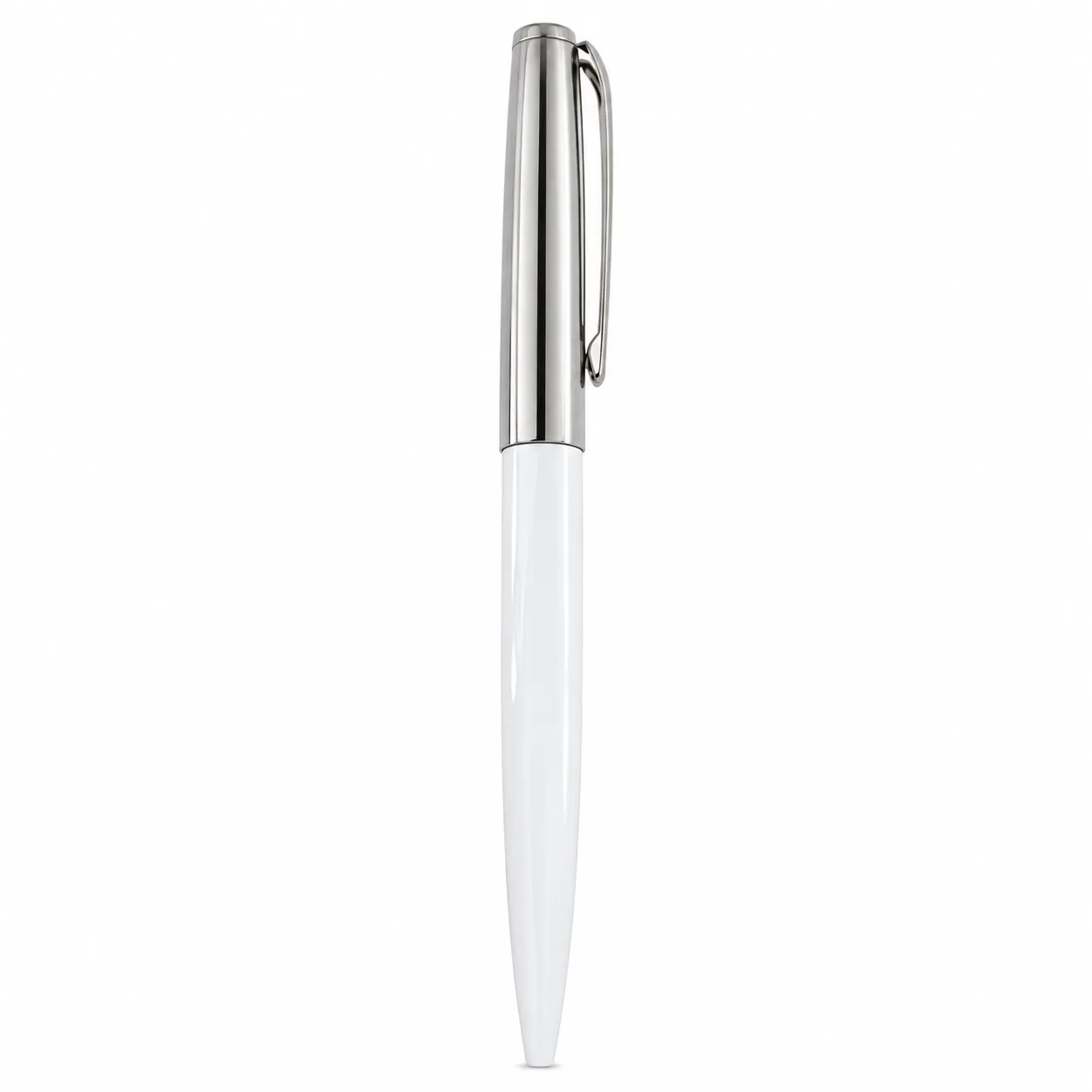 White glossy metal ballpoint pen with long polished metal top standing upright
