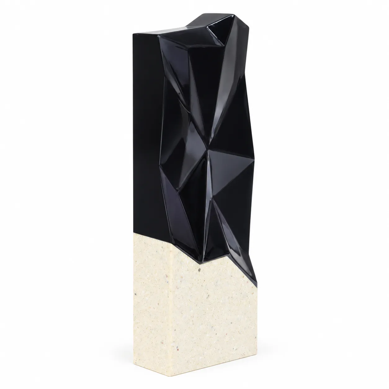 Black faceted prism crystal award on a cream base