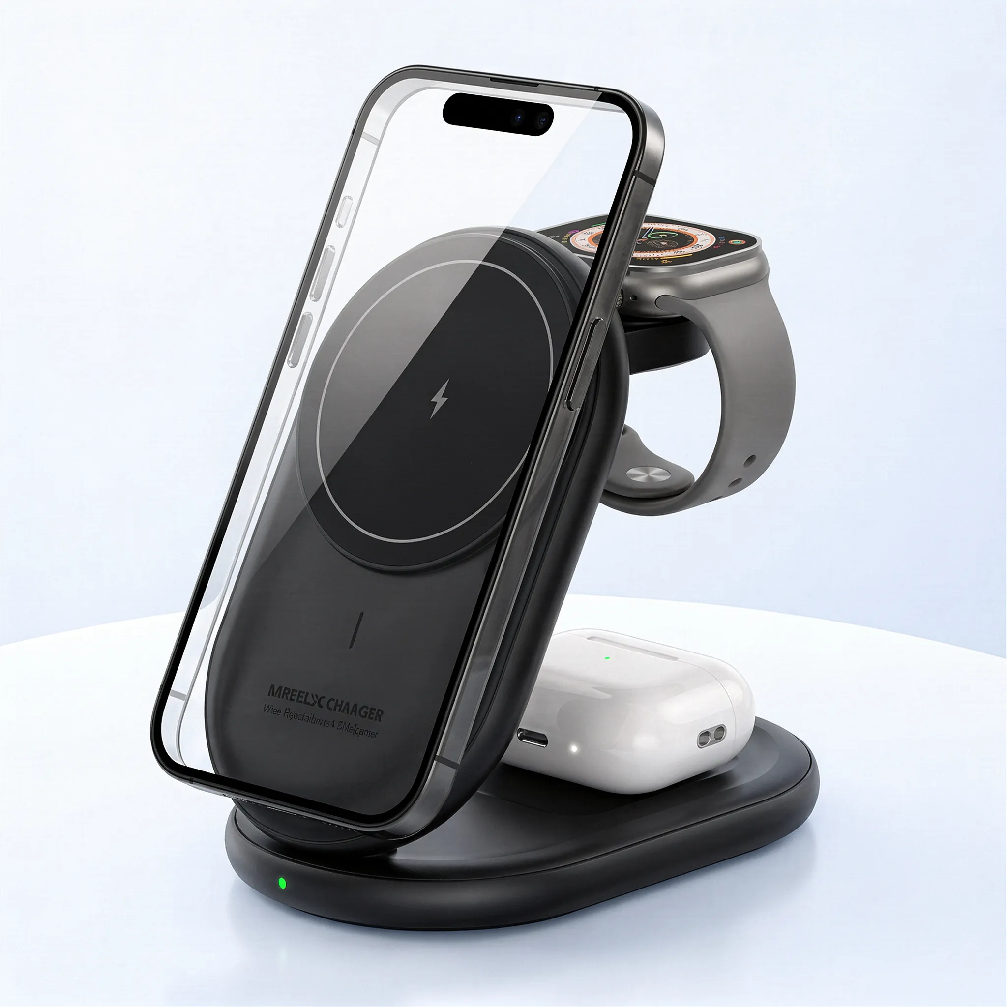 Black 3-in-1 foldable magnetic wireless charger stand charging a smartphone, smartwatch and wireless earbuds