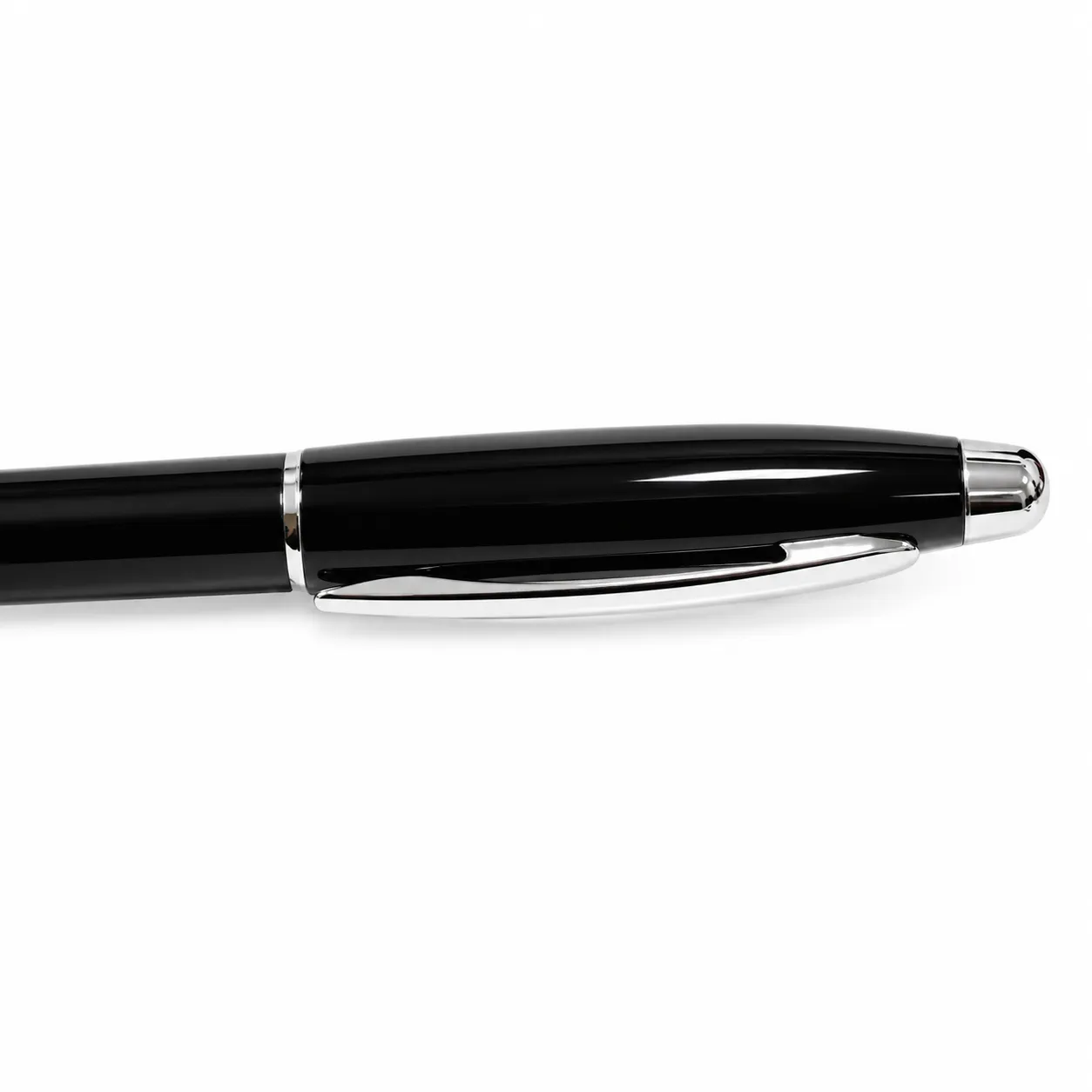 Black glossy metal ballpoint pen with chrome trim standing upright on white