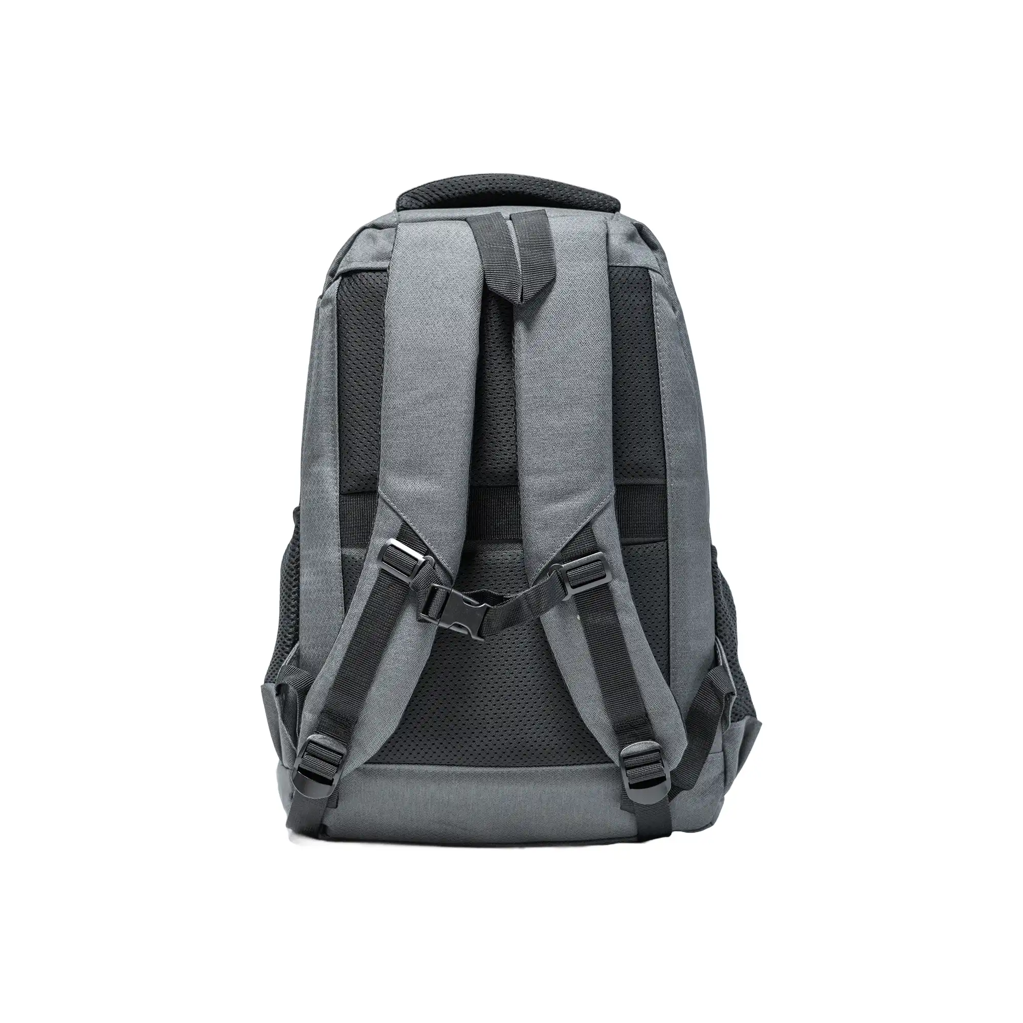 Gray travel backpack with zipper and USB charging feature