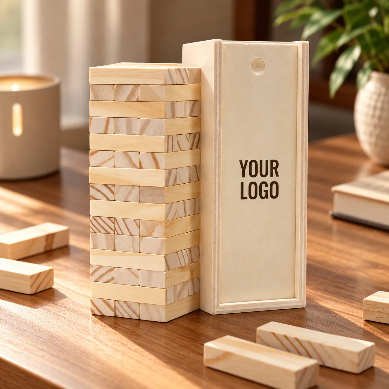 Classic wooden puzzle stacking game with sliding wooden box