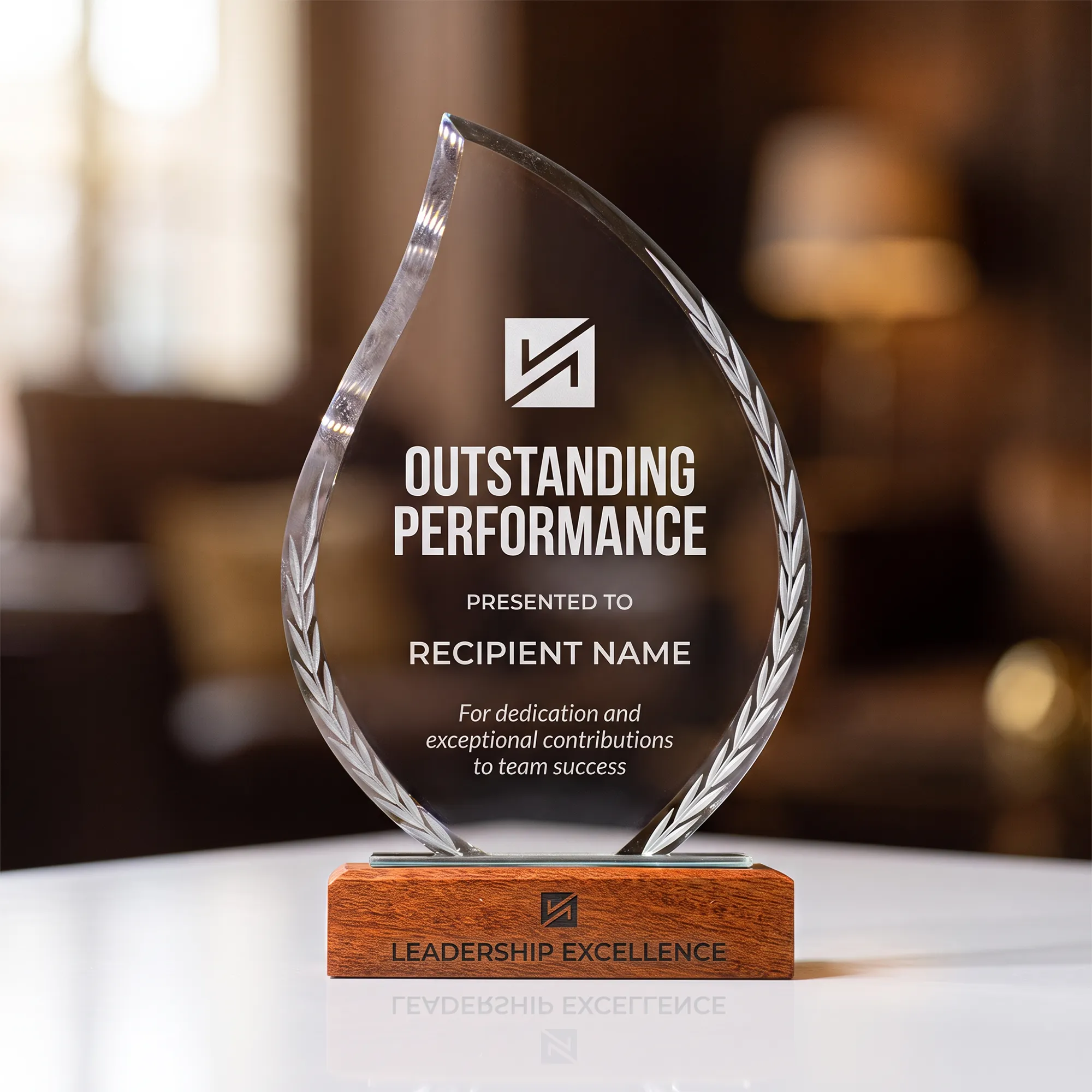 Leaf Shaped Crystal Trophy With Wooden Base