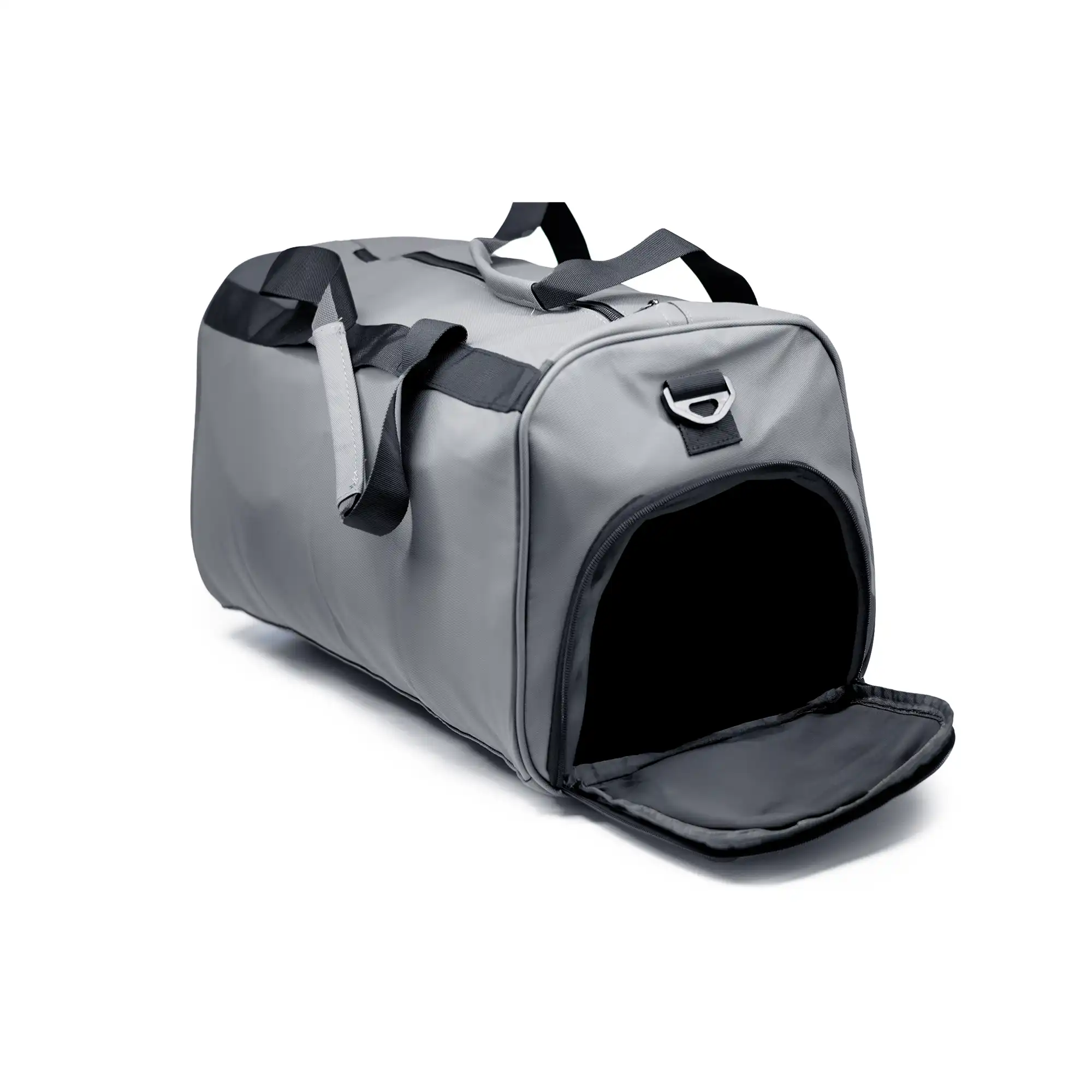 Modern gray duffle travel bag with dual handles and adjustable strap