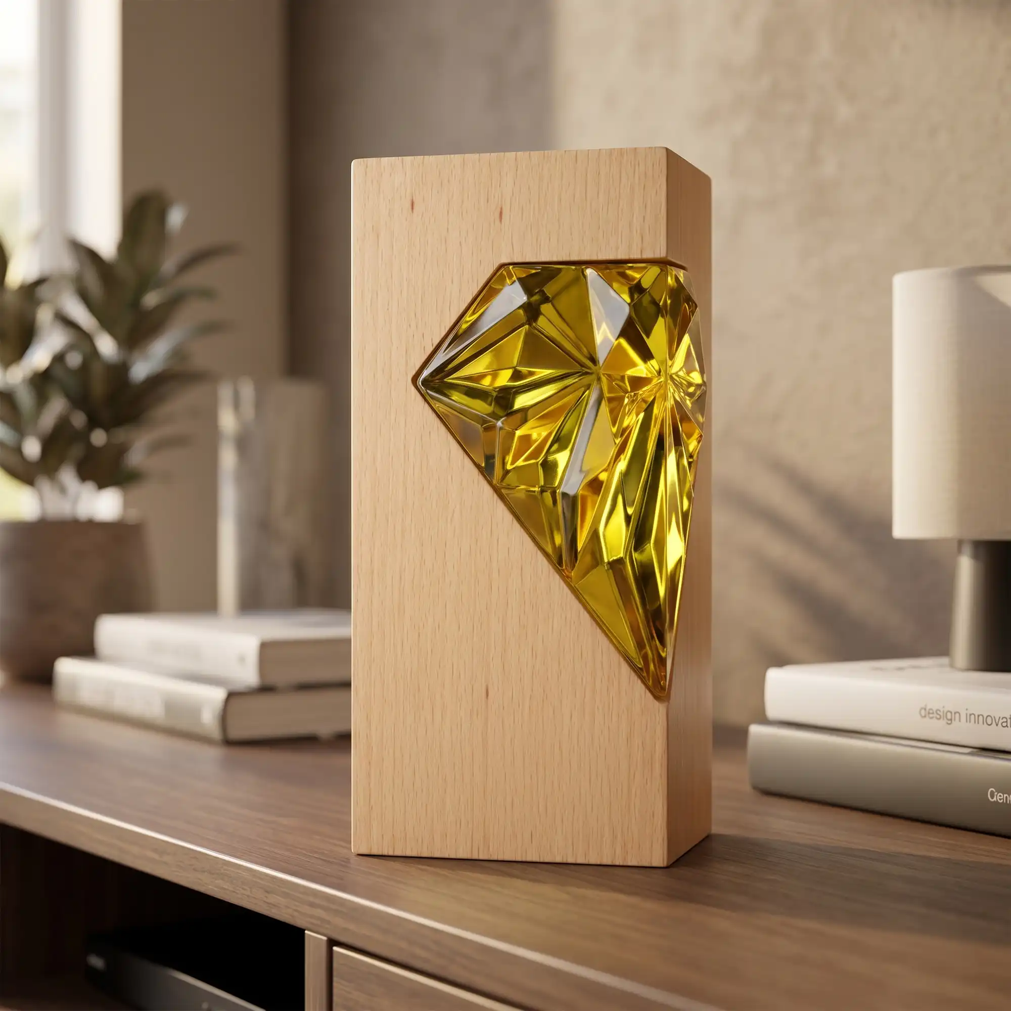 Gold crystal diamond award on wood base, close-up of faceted surface
