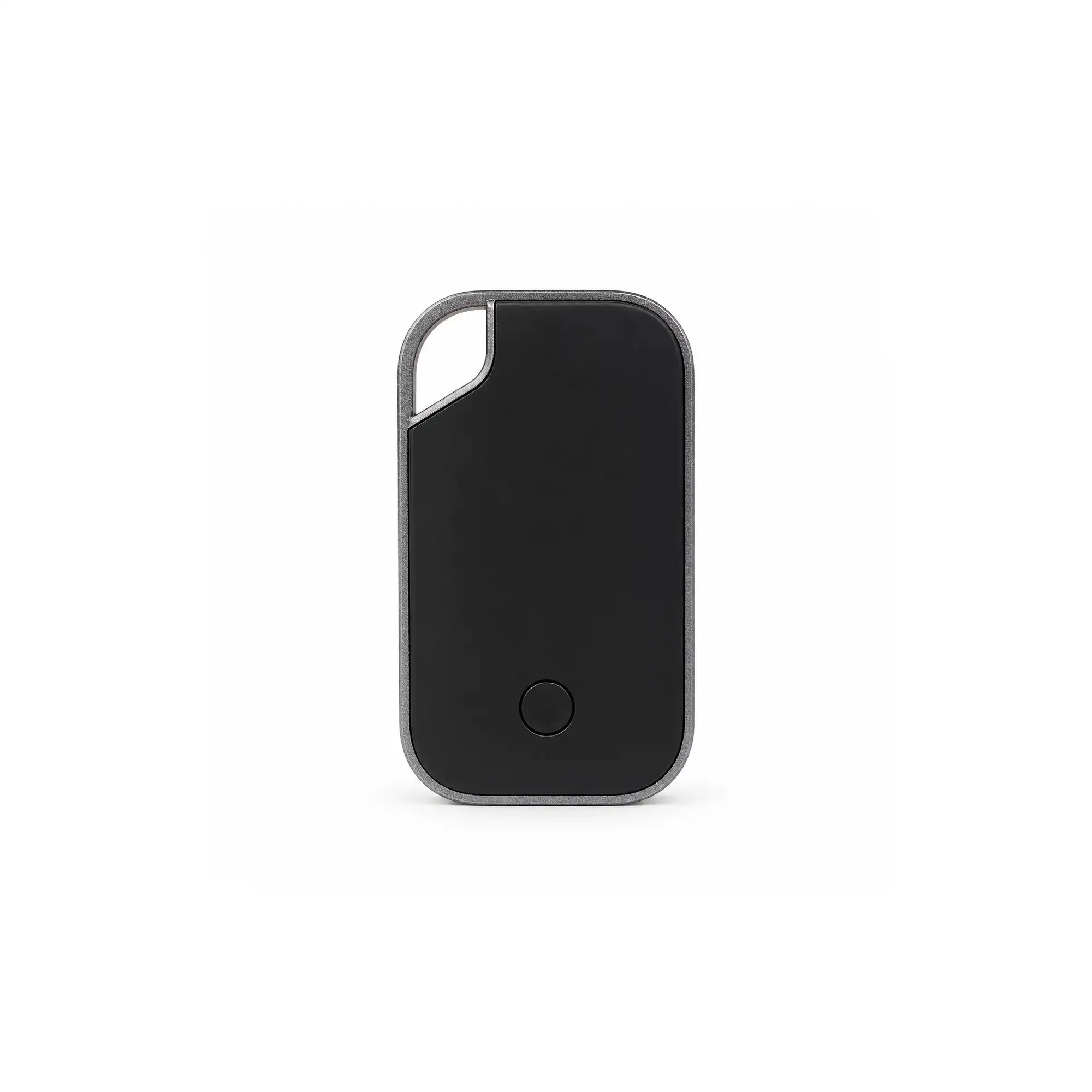 Traxo Bluetooth locator device, black panel with silver metal frame, front view