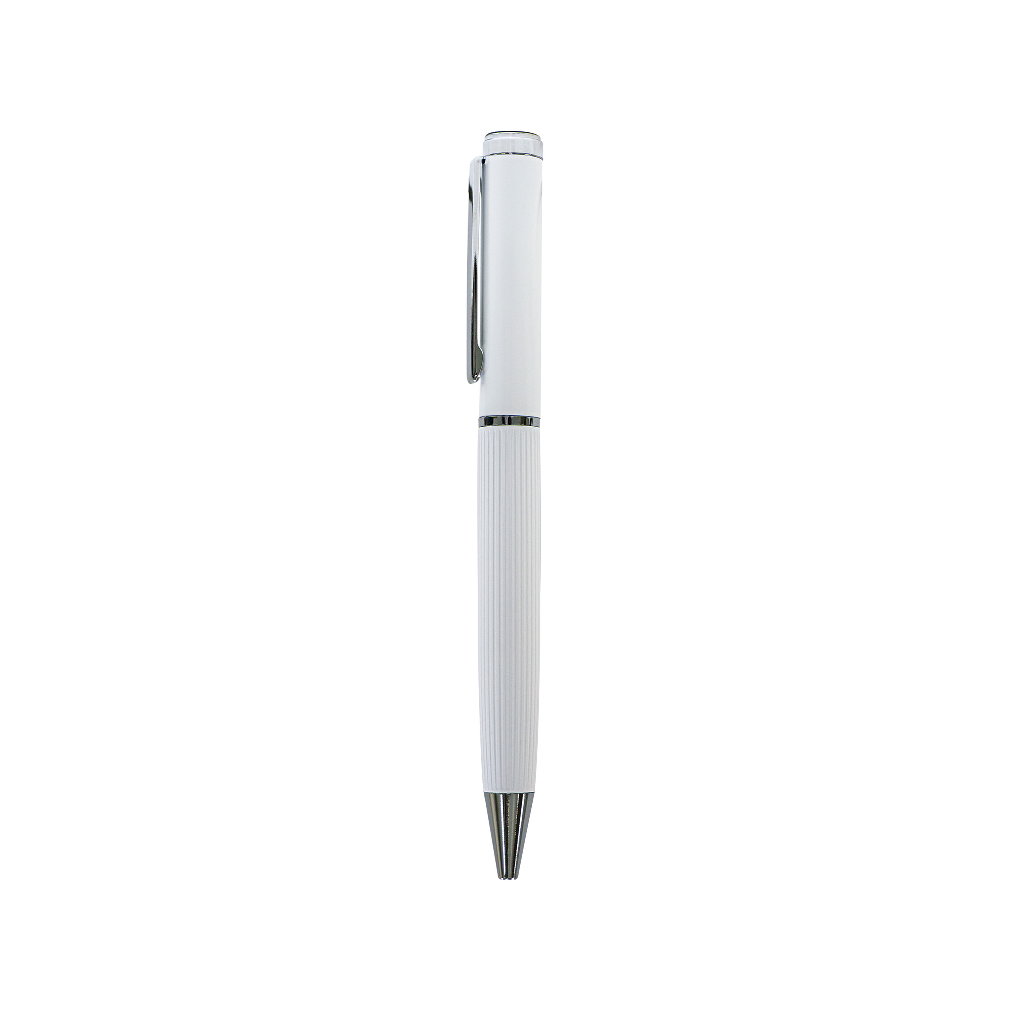 White metal pen with lined barrel and silver clip – 11610WT
