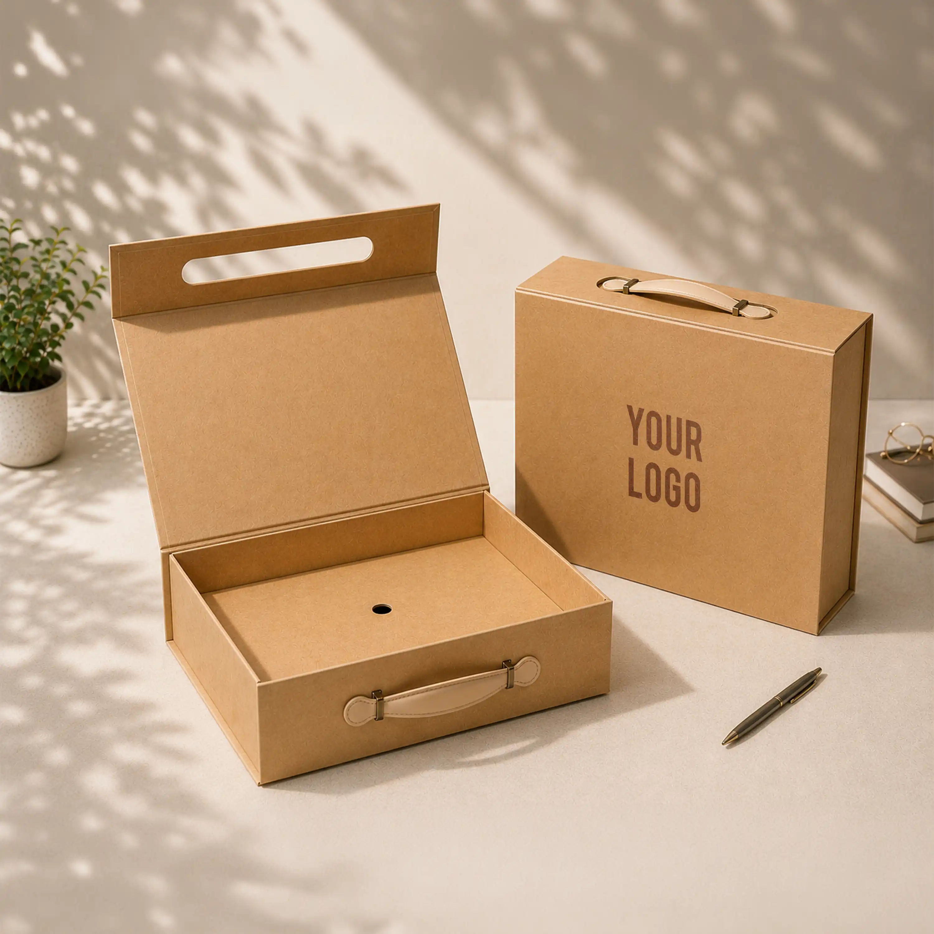 Luxury Gift Box with PU Leather Handle Brown Large