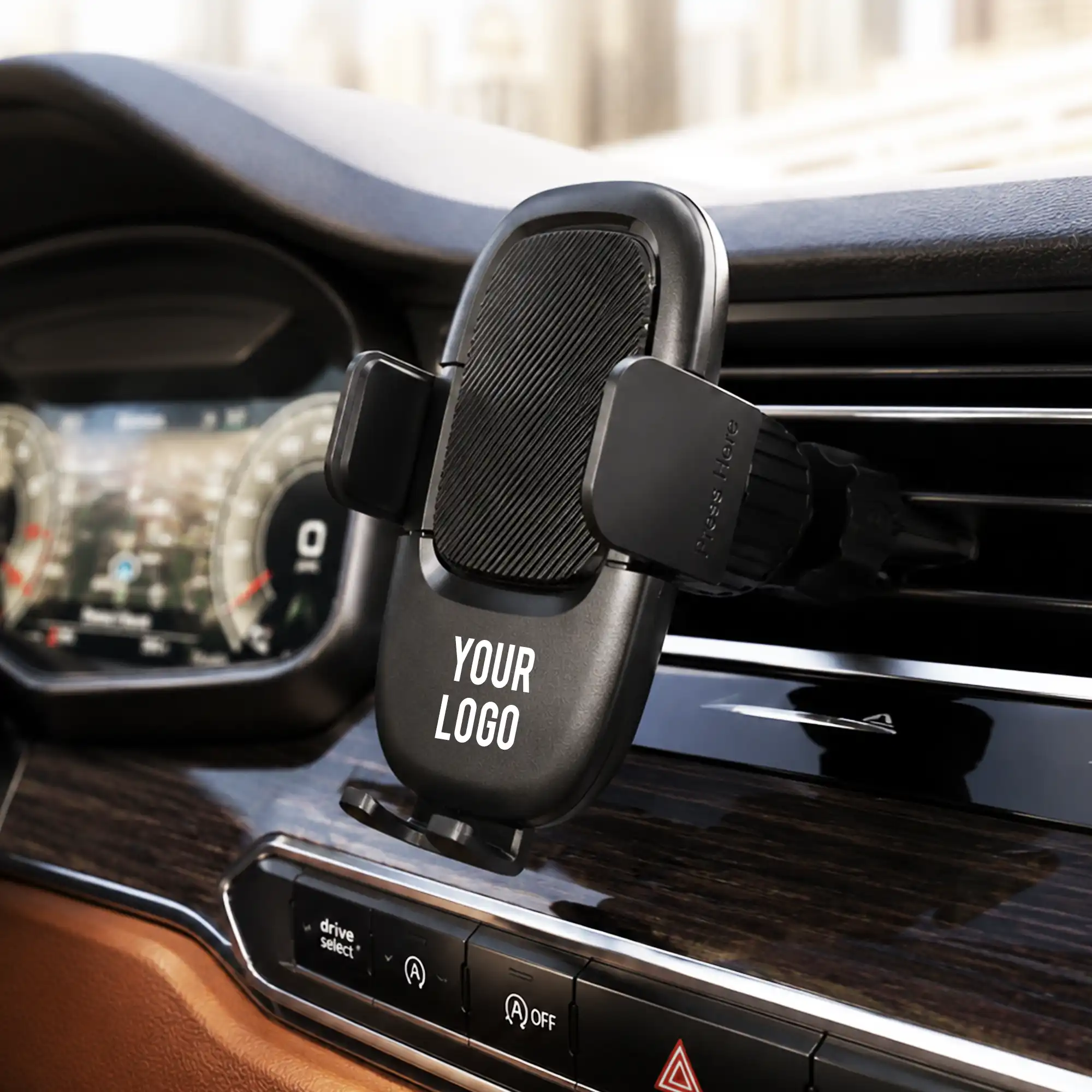 Car mobile holder mounted on an air vent gripping a phone