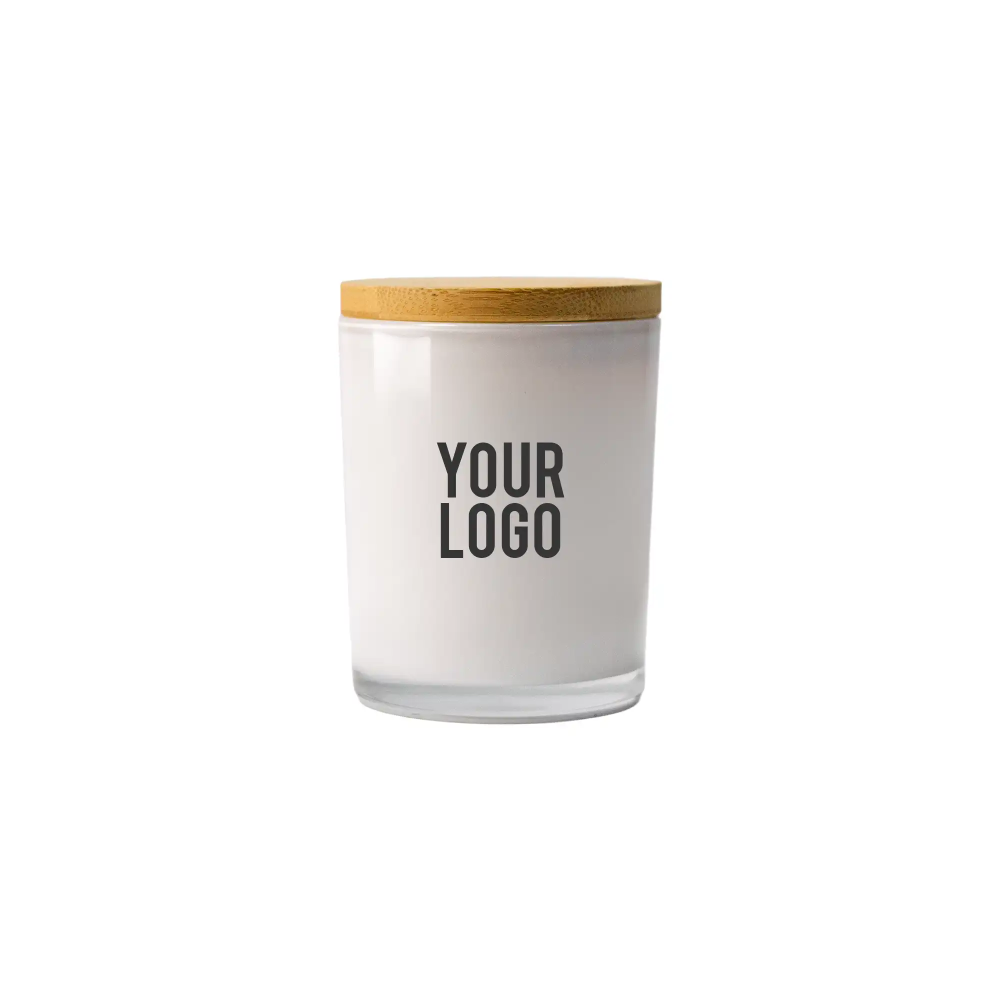 Frosted glass scented candles with bamboo lids in white and black, featuring customizable logo branding.