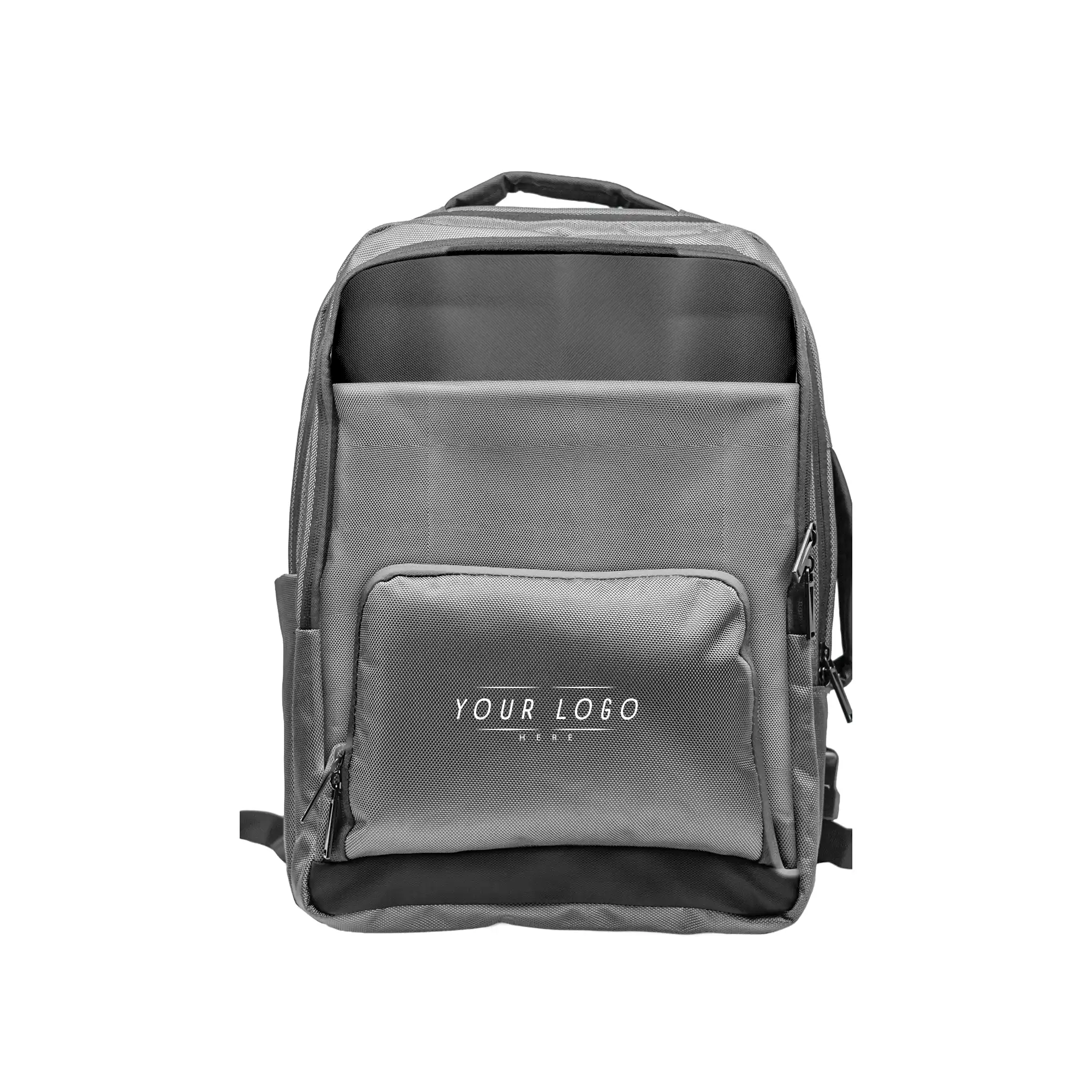 Gray executive laptop backpack with USB charging port and multiple compartments