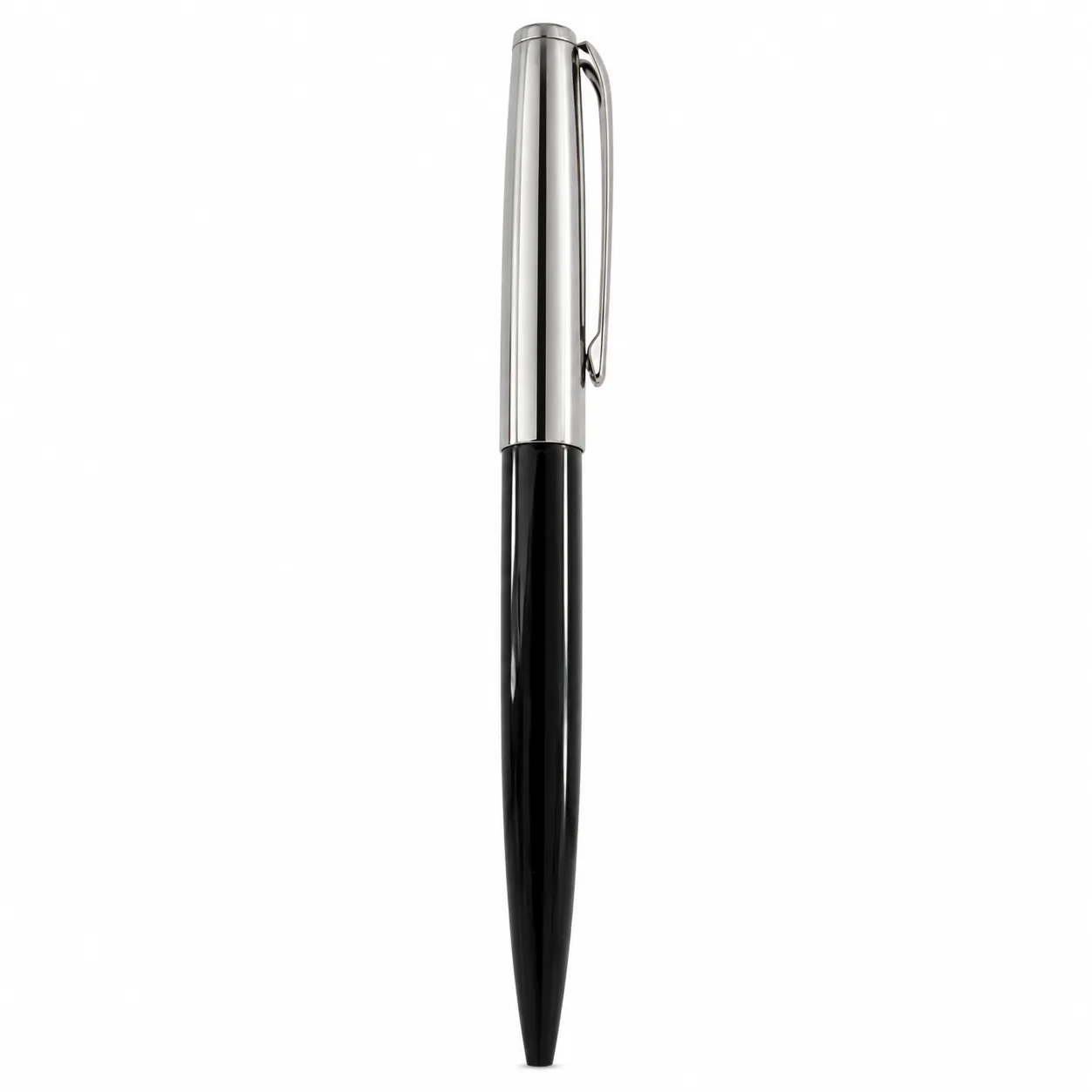 Black glossy metal ballpoint pen with long polished metal top standing upright