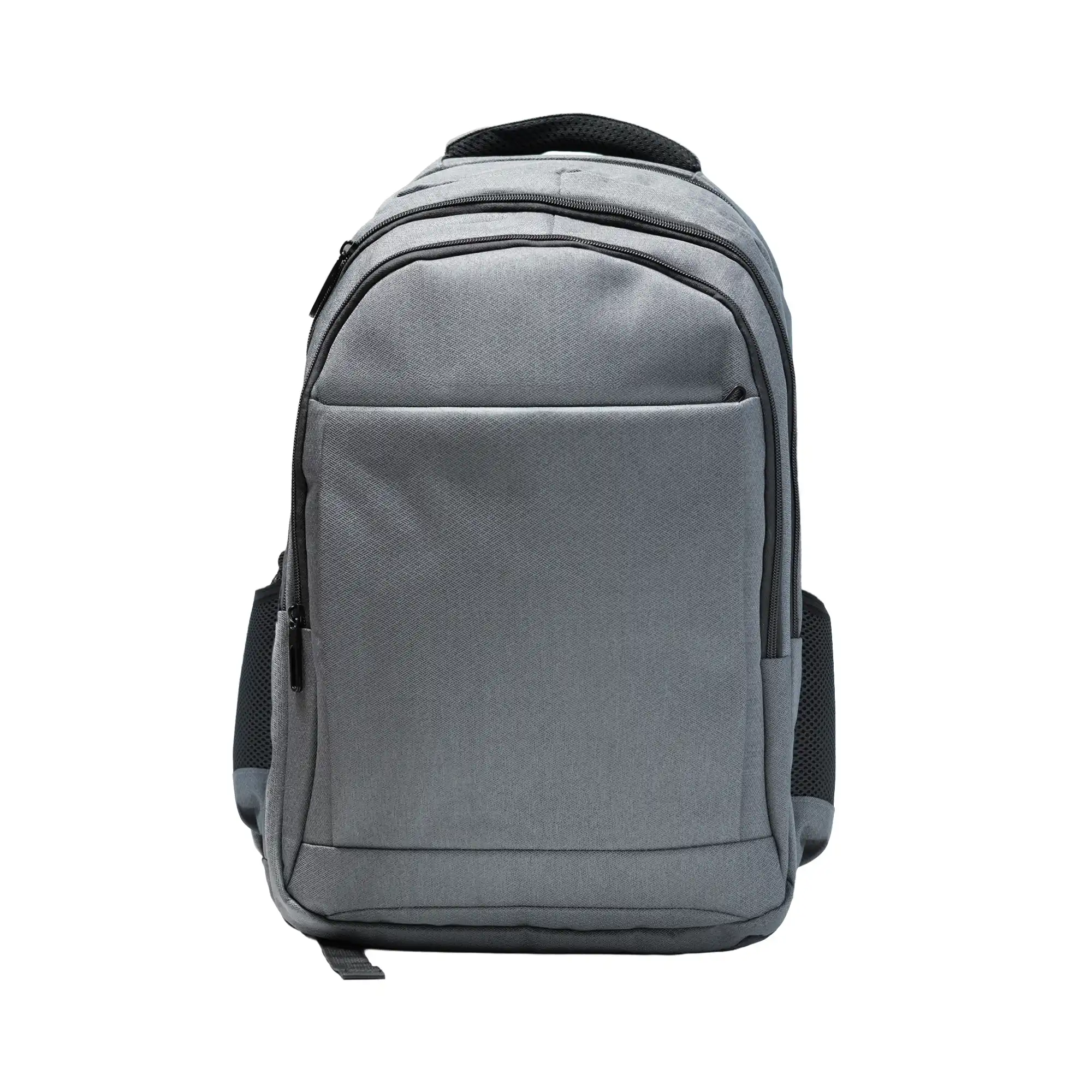 Gray travel backpack with zipper and USB charging feature