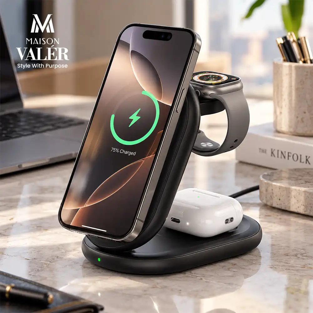 Black 3-in-1 foldable magnetic wireless charger stand charging a smartphone, smartwatch and wireless earbuds