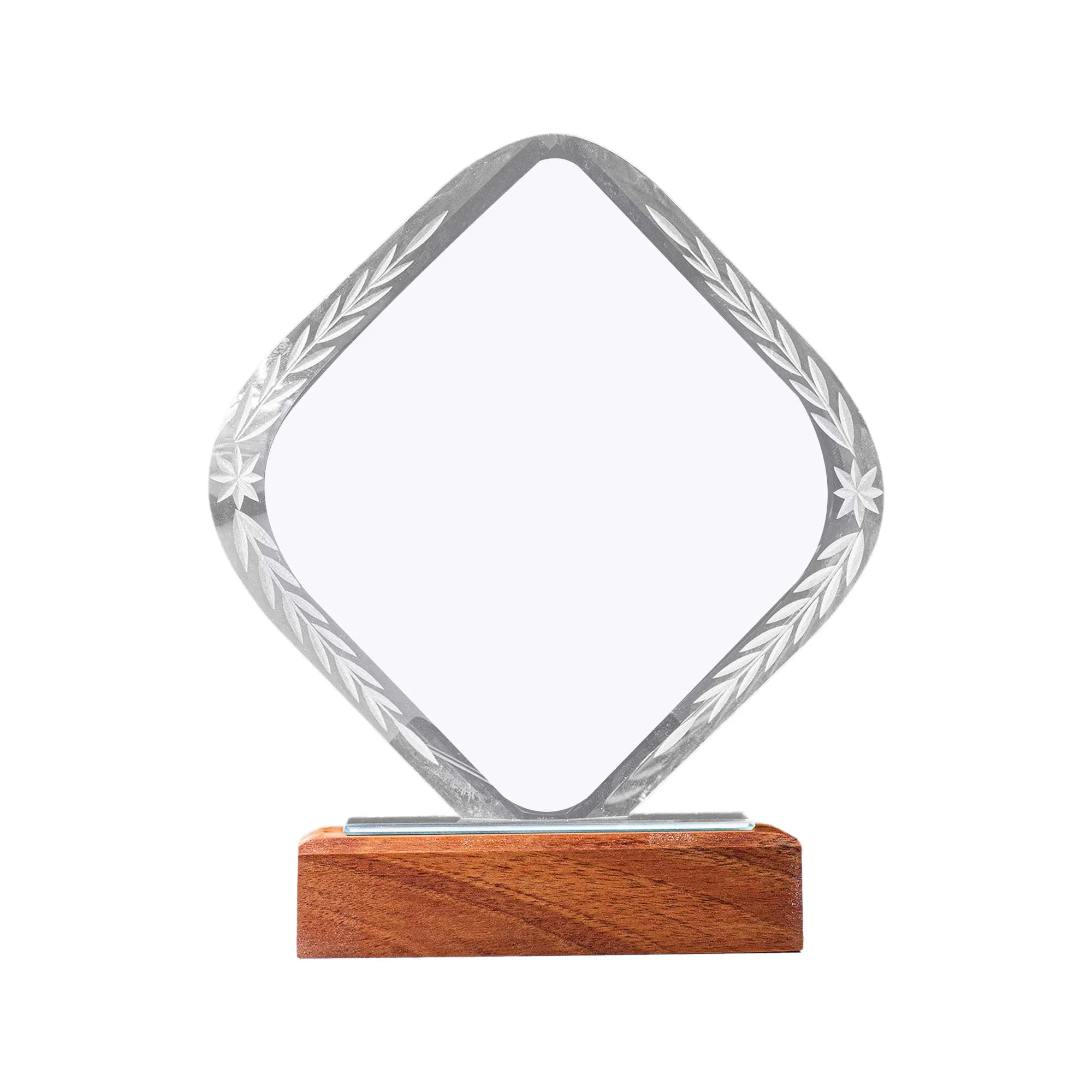Rhombus Shaped Crystal Trophy With Wooden Base