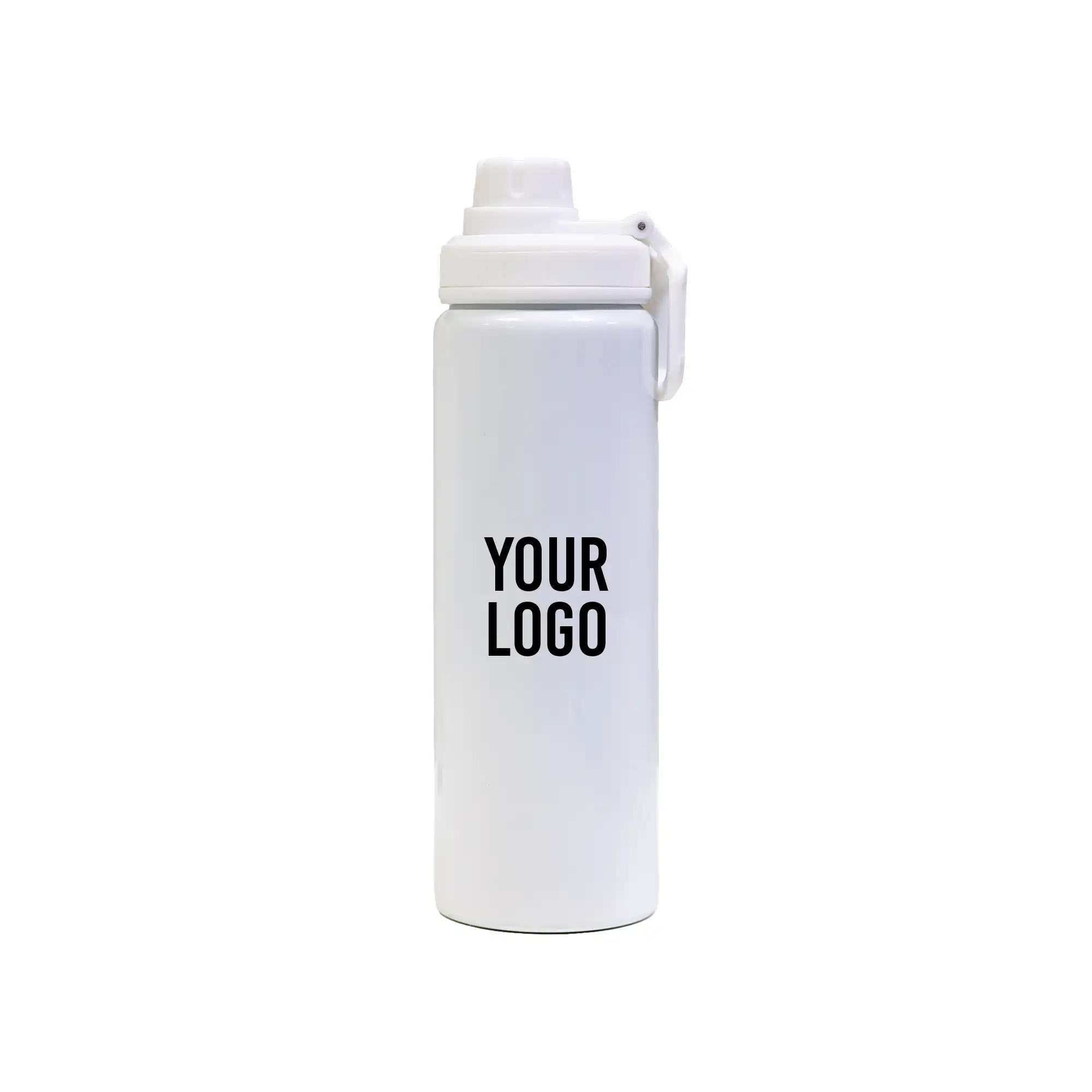 Reusable aluminium sports bottle with handle, 800 ml capacity, black and white color options for corporate gifting.
