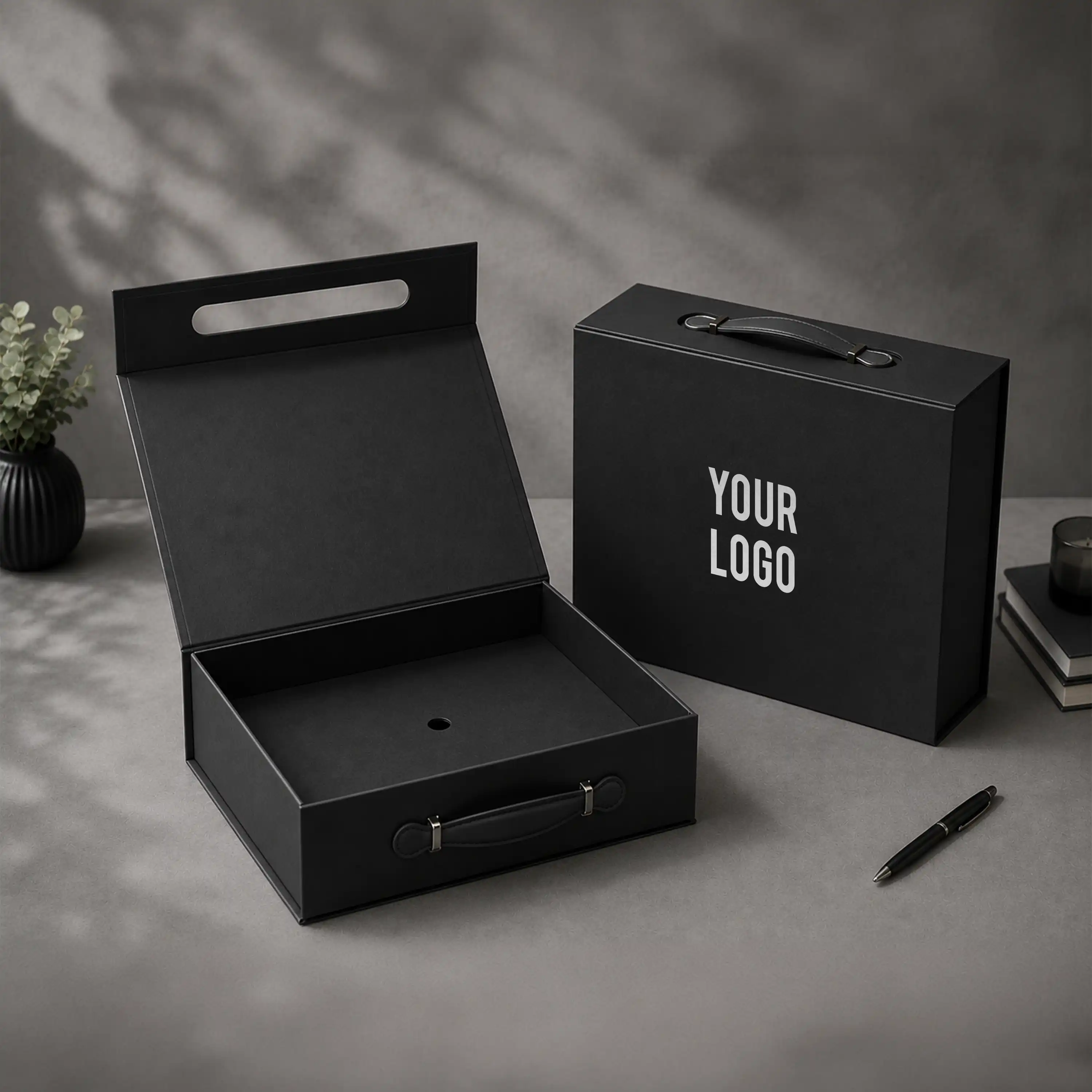Luxury Gift Box with PU Leather Handle Black Large