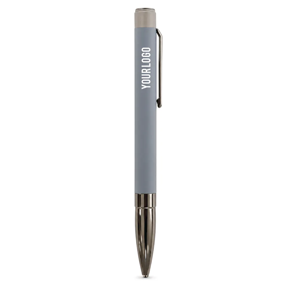 Grey matte metal ballpoint pen with gunmetal clip and bullet tip on white