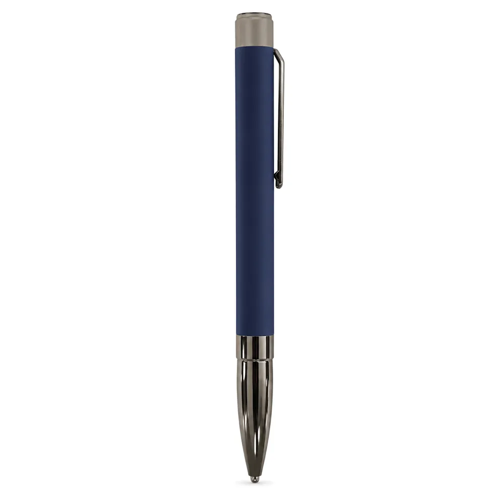 Blue matte metal ballpoint pen with gunmetal clip and bullet tip on white
