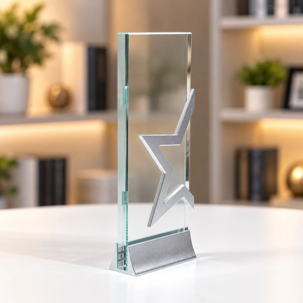 Silver star crystal award column on a desk