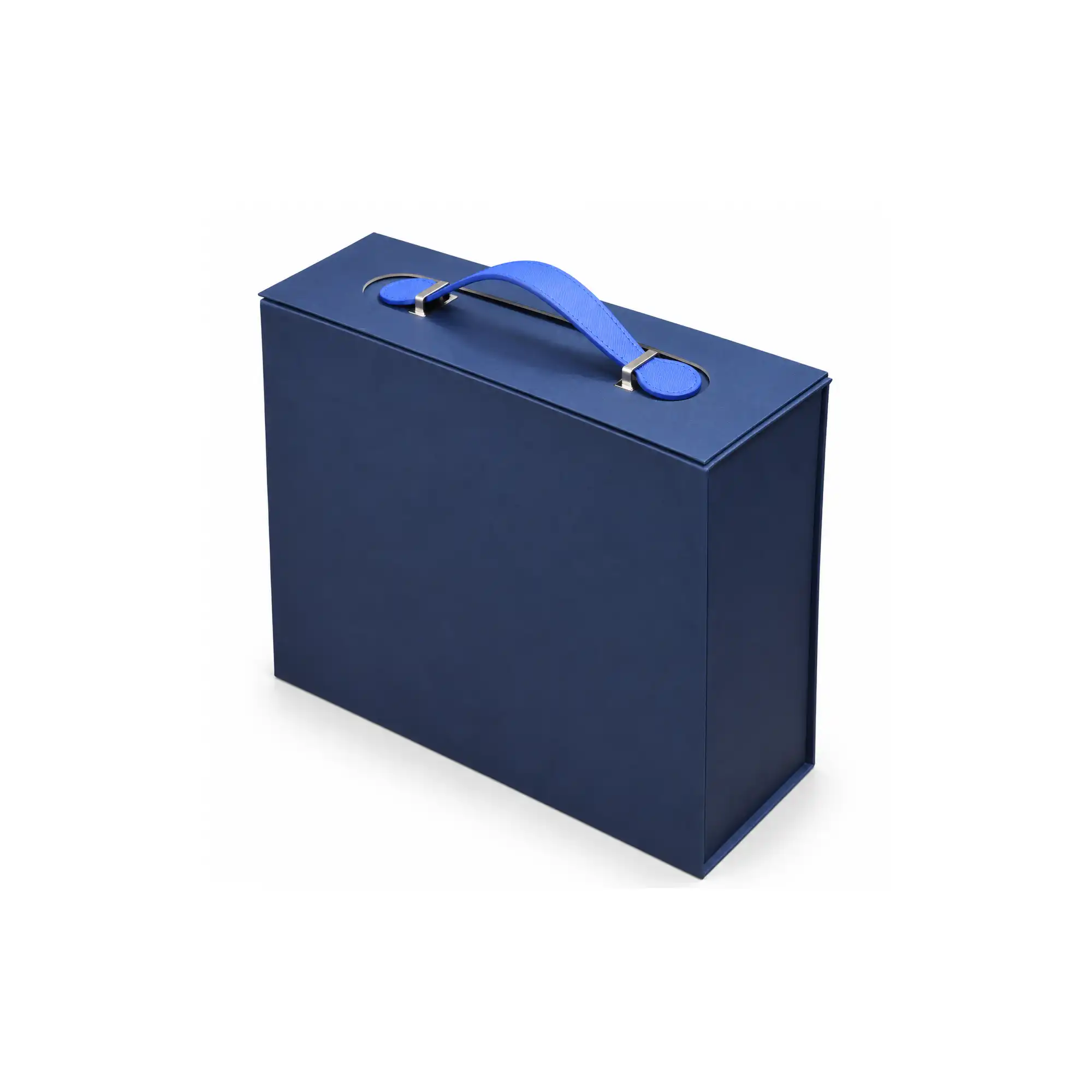 blue luxury gift box closed with blue PU leather handle and front branding area