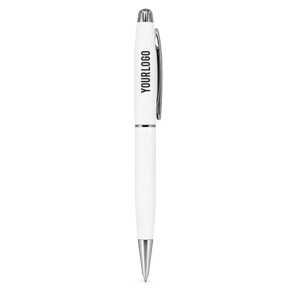 White glossy metal ballpoint pen with chrome trim standing upright on white