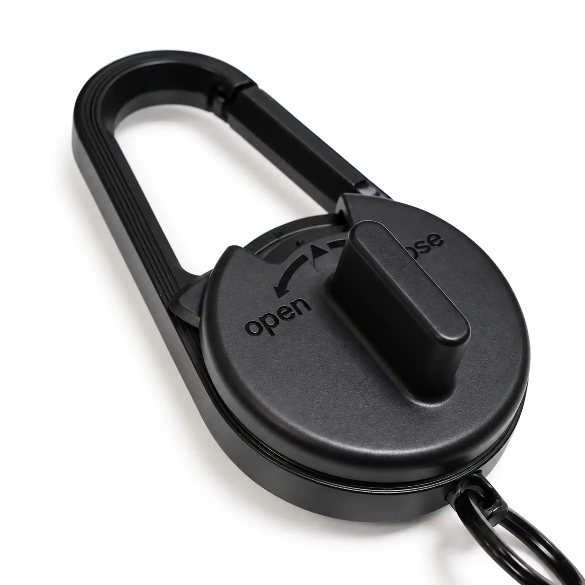 Latchex carabiner Bluetooth finder shown open with keyring, rotating cap and clip
