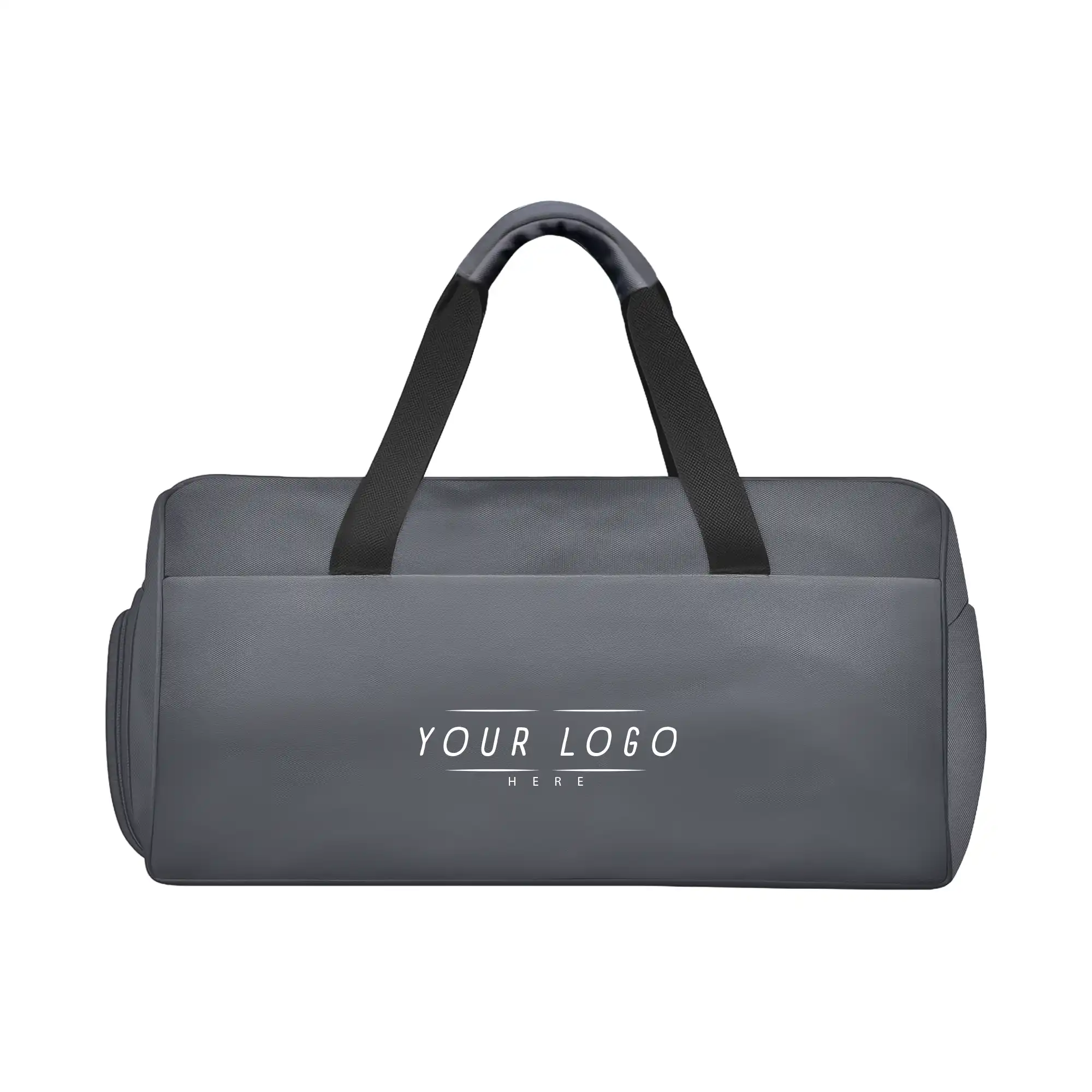 Modern gray duffle travel bag with dual handles and adjustable strap