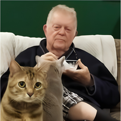 Older man eating ice cream with two cats
