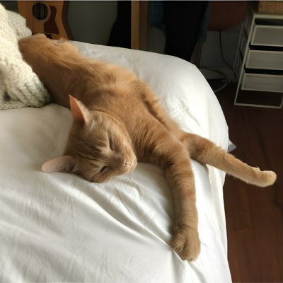 Cat stretched out on a bed