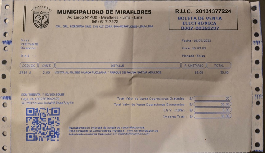 Entrance ticket to the Huaca Pucllana Archaeologial Site