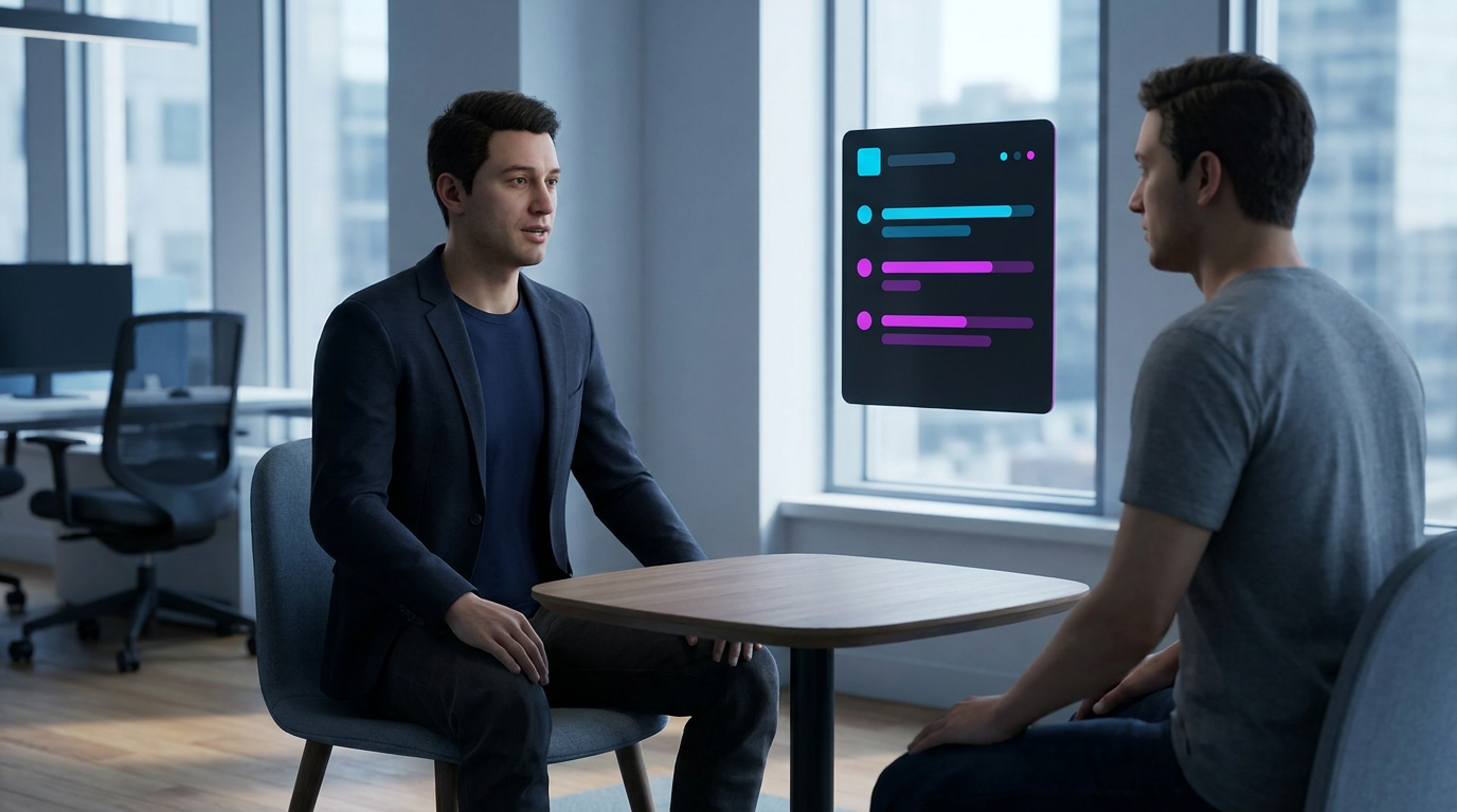 Professional practising a feedback conversation with a 3D colleague avatar.