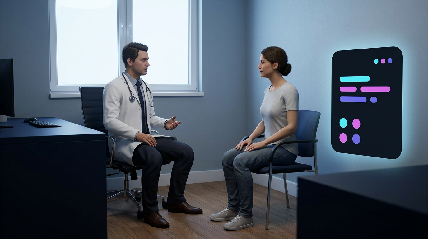 Ein medizinisches Fachpersonal übt ein Patientengespräch mit einem KI-Avatar.