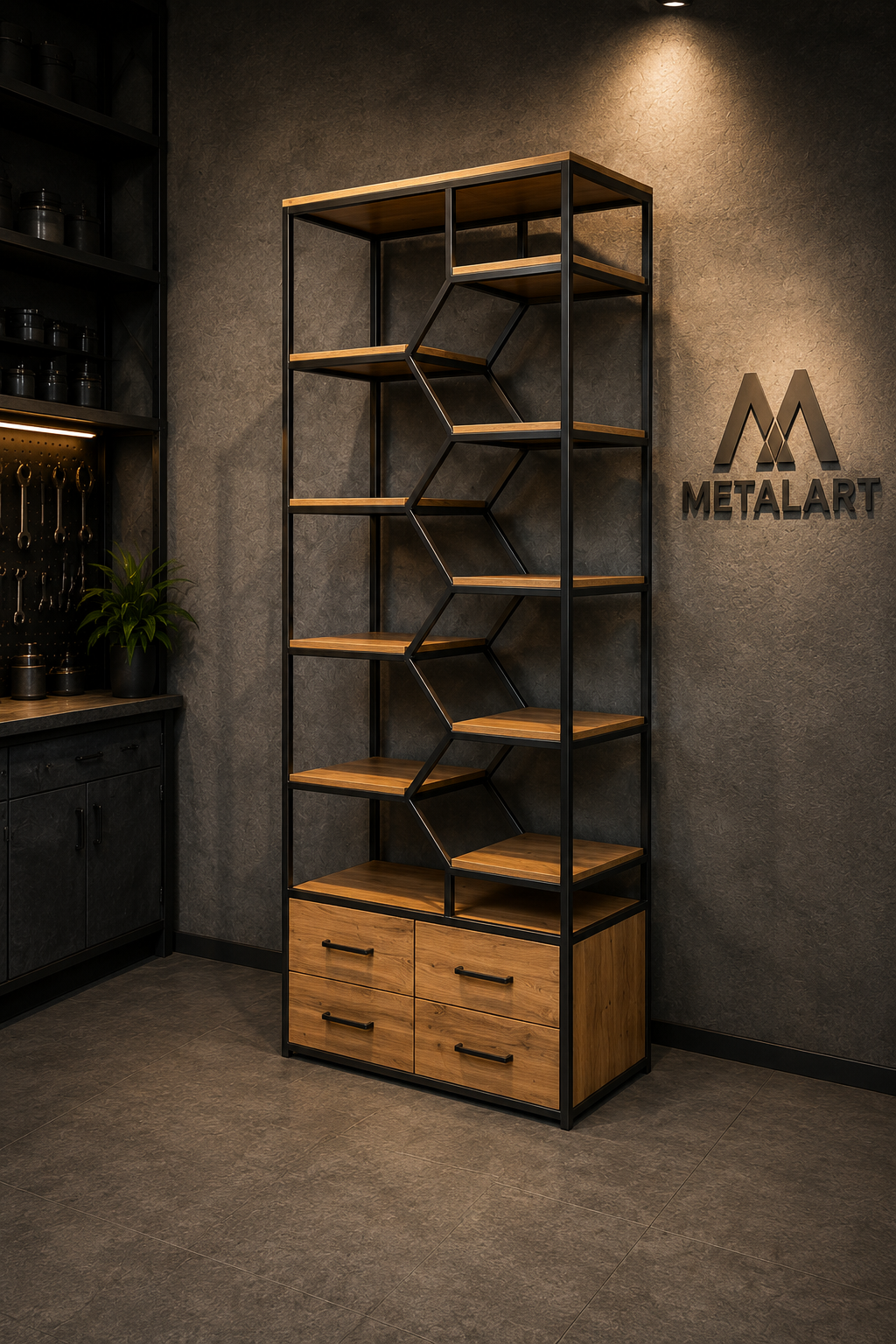Loft Üslubunda Çekmeceli Metal Kitab Rəfi və Stellaj