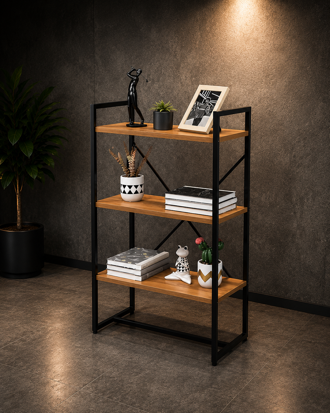 Metal Loft Rəf – 3 Mərtəbəli Dekorativ Metal və Taxta Rəf