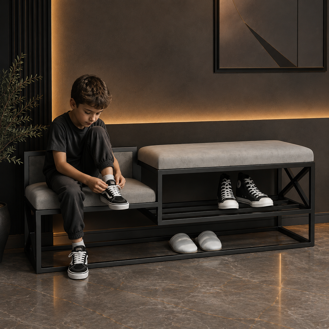 Loft Ayaqqabı Rəfi – Oturacaqlı və Funksional Dizayn