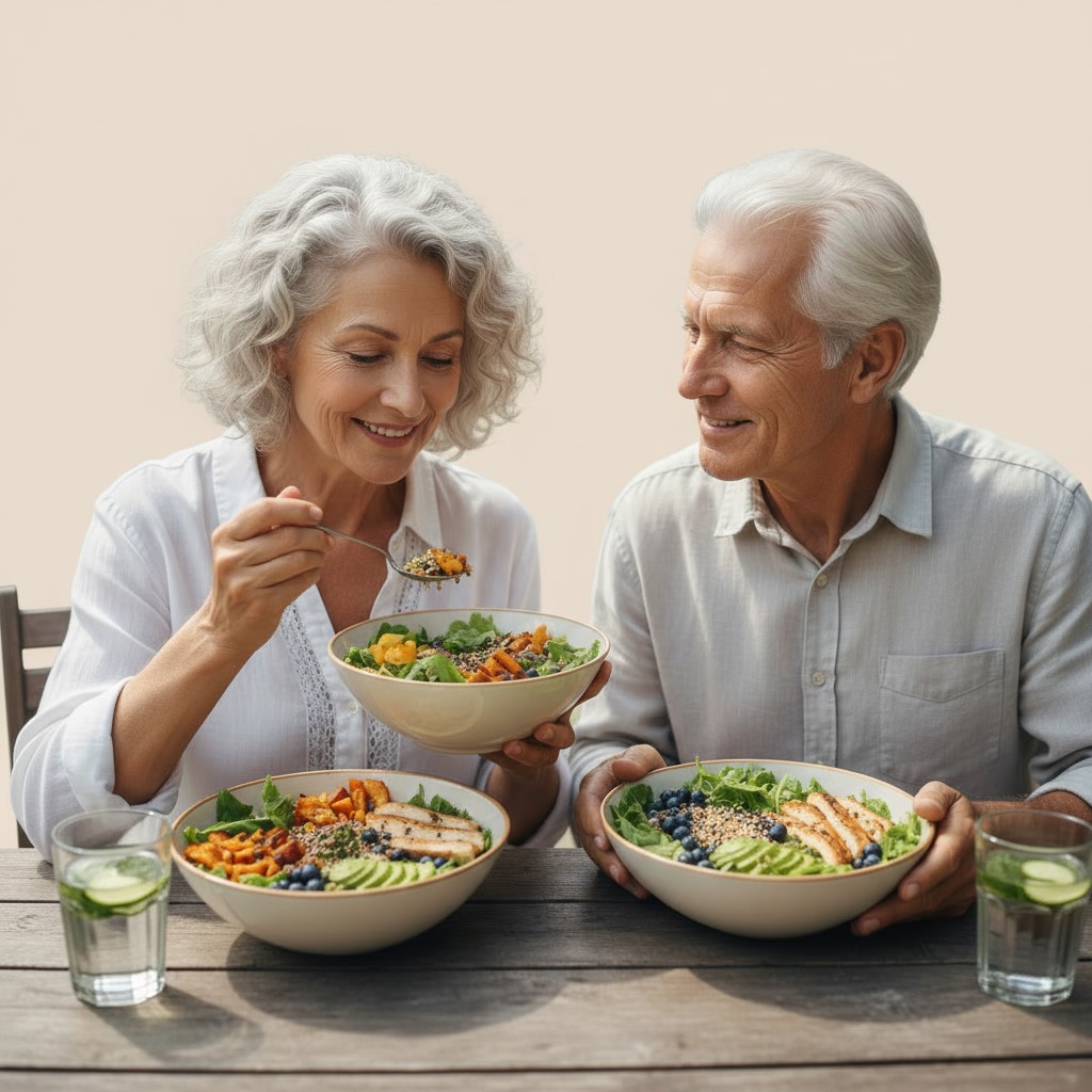 An older couple enjoying a healthy meal outdoors.