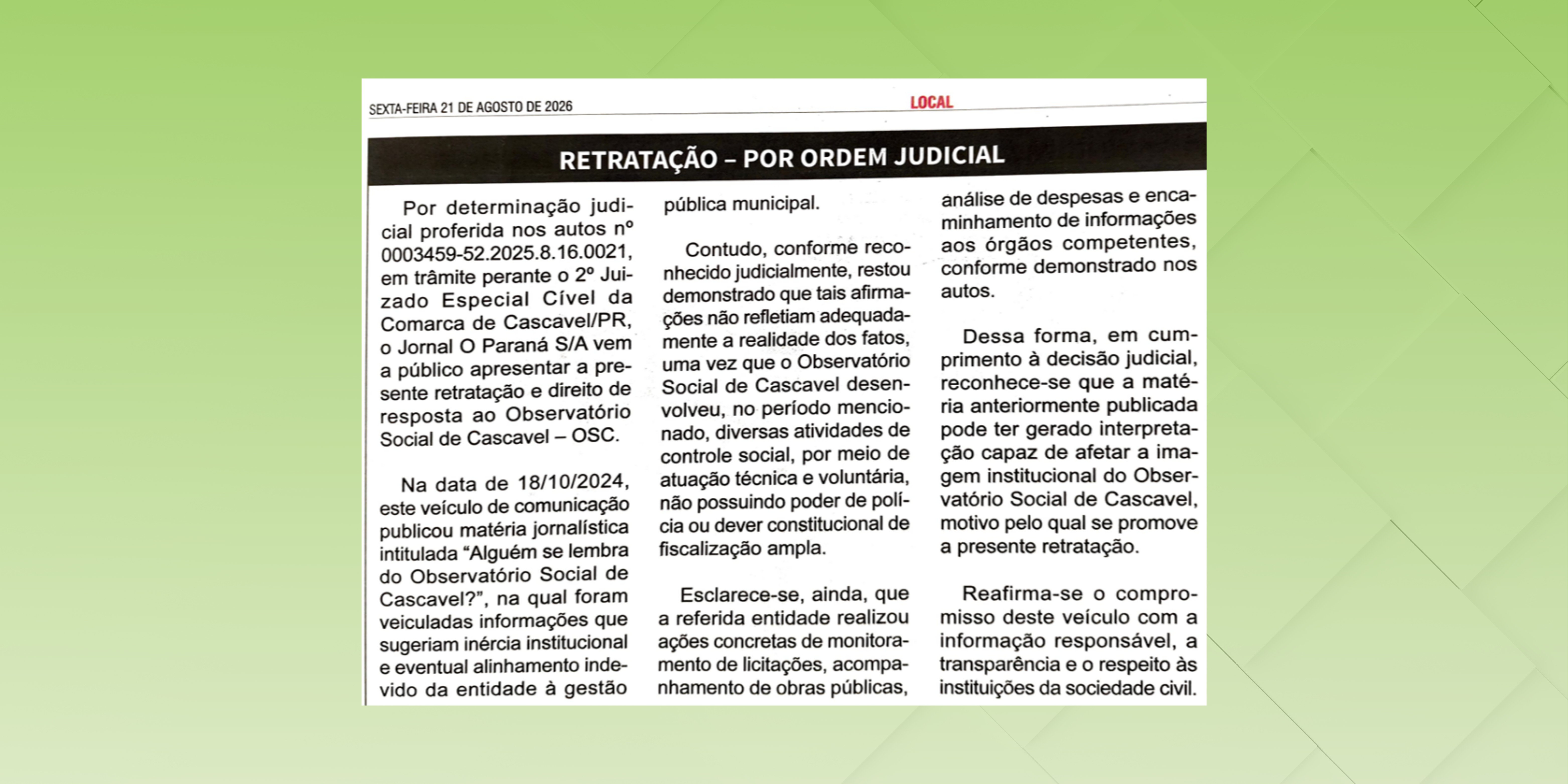 OBSERVATÓRIO SOCIAL DE CASCAVEL EXERCE DIREITO DE RESPOSTA AO JORNAL HOJE - Imagem 2