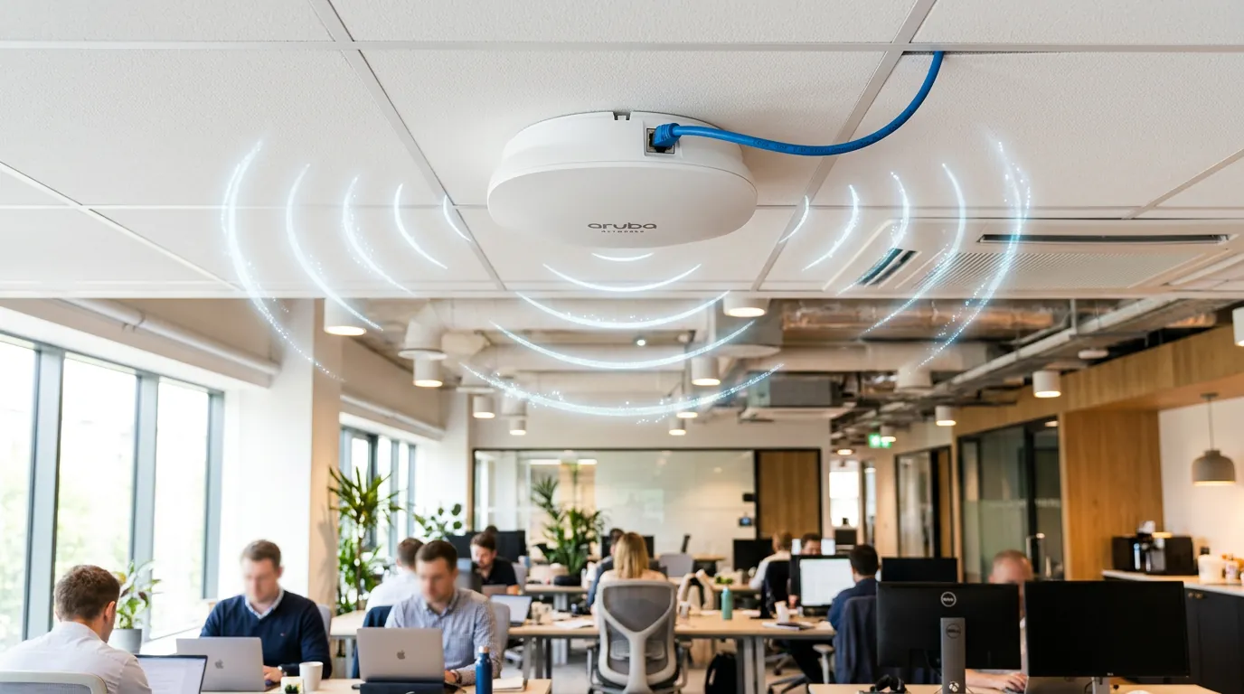 Access point fixado no teto com cabo de rede