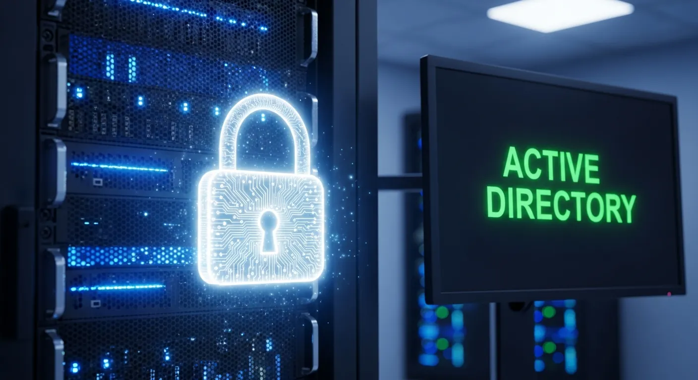 Servidor corporativo com cadeado digital representando o Active Directory