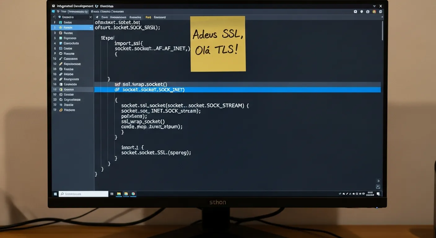 Tela de computador com código e post-it sobre SSL e TLS