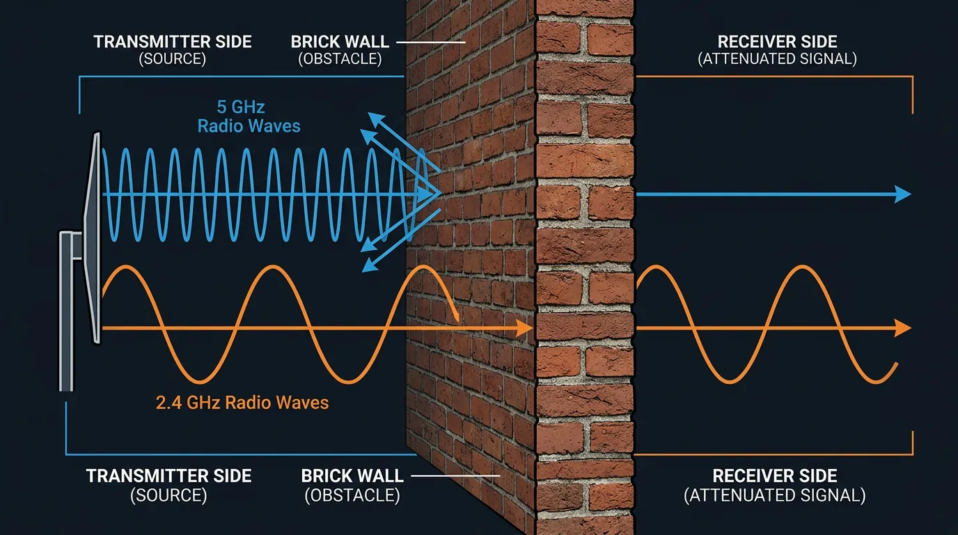 Diferença de penetração de sinal entre 2.4 GHz e 5 GHz