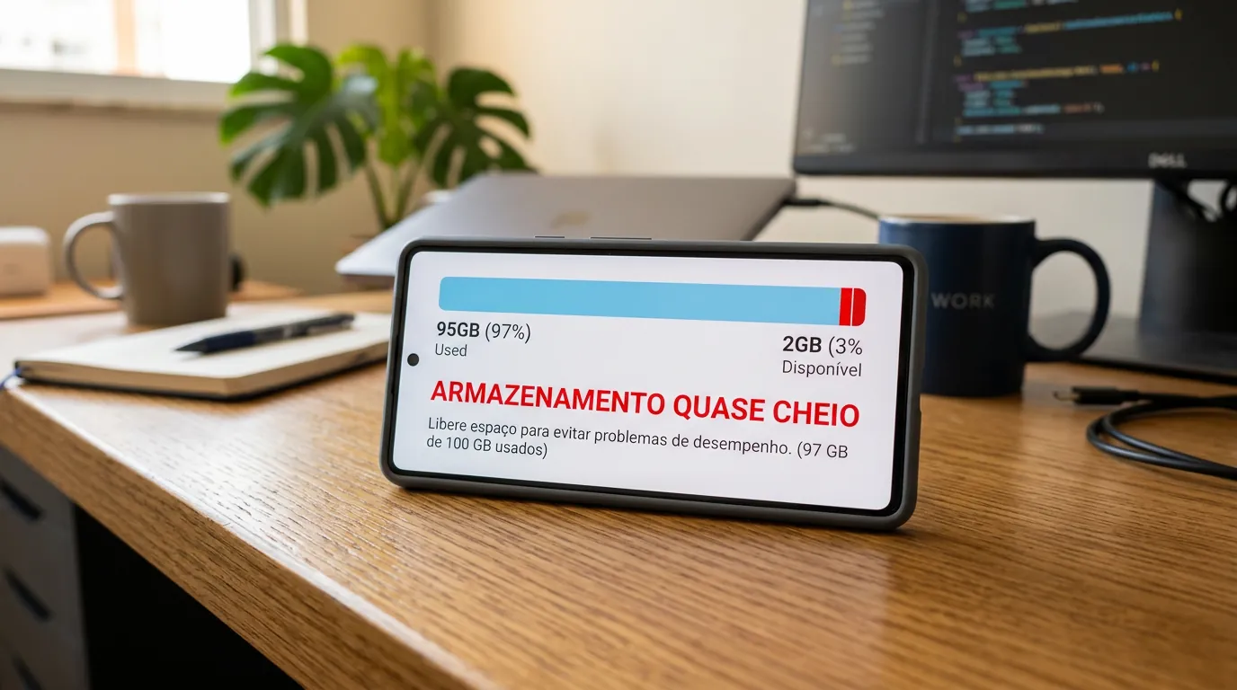Tela de celular mostrando alerta de armazenamento cheio