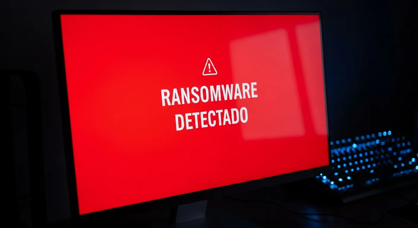 Tela de computador alertando sobre ataque de ransomware em rede corporativa