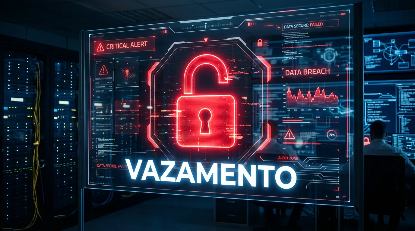 Painel digital mostrando alerta de vazamento de dados