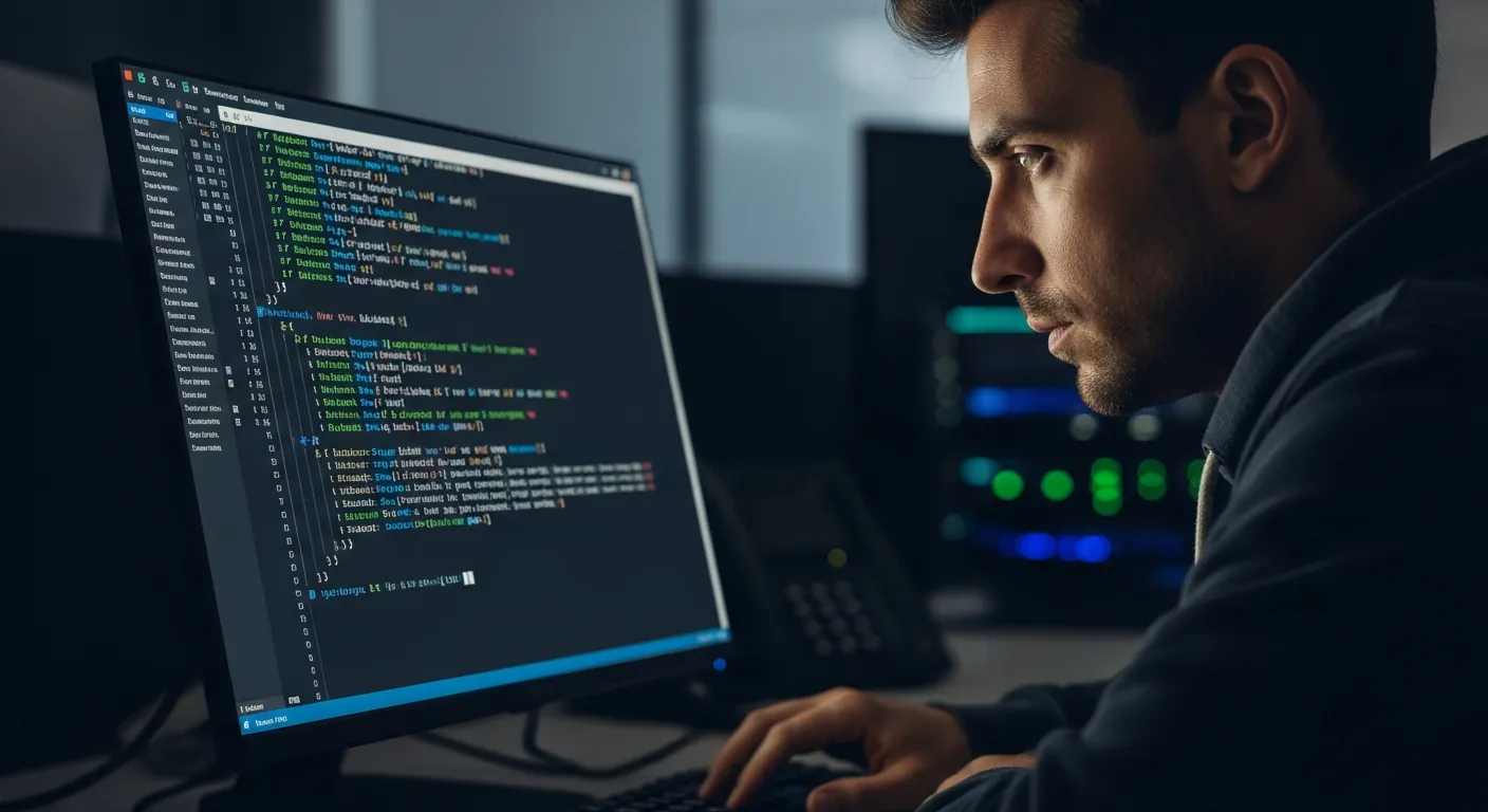 Alt Text: Especialista em cibersegurança realizando análise de código