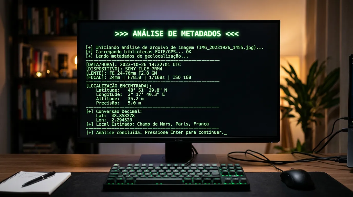 Tela de terminal exibindo coordenadas GPS extraídas de metadados EXIF
