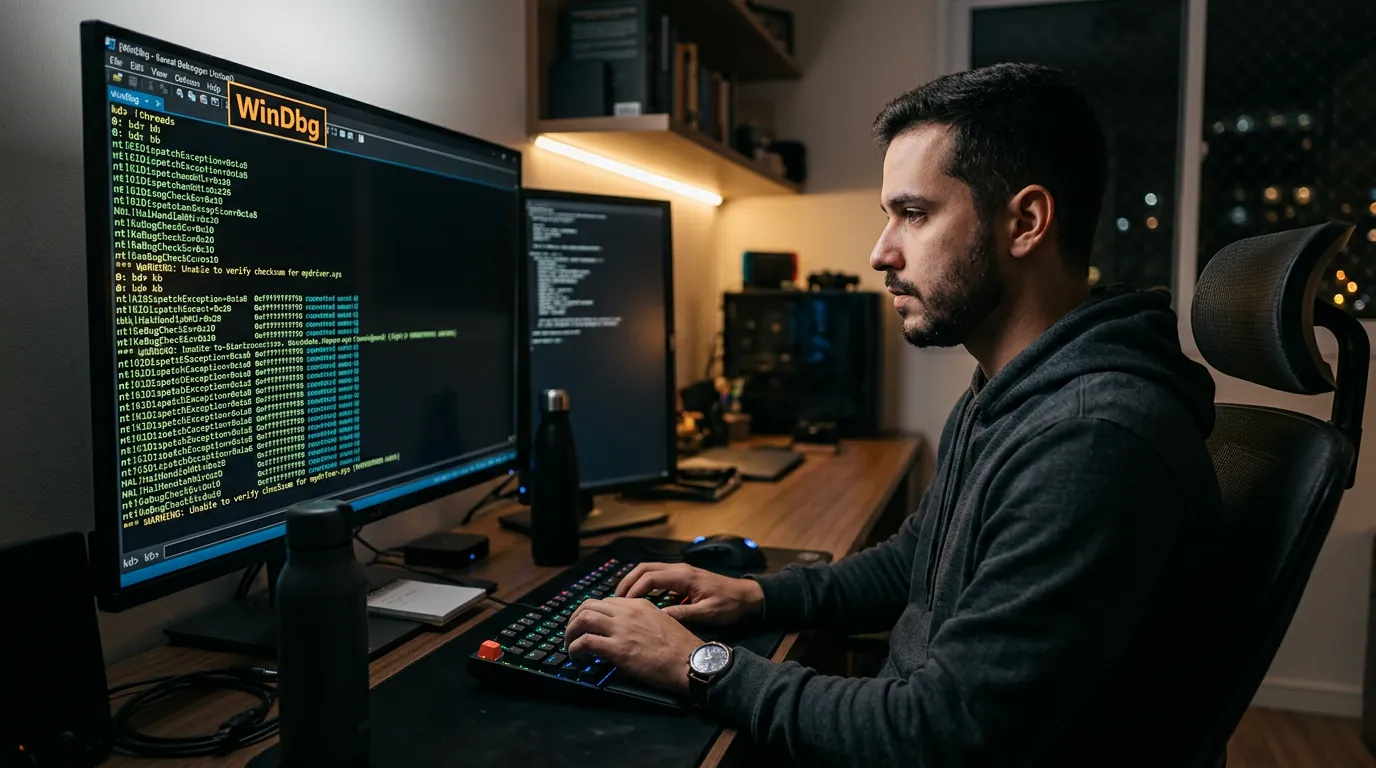 Técnico analisando logs de erro no WinDbg