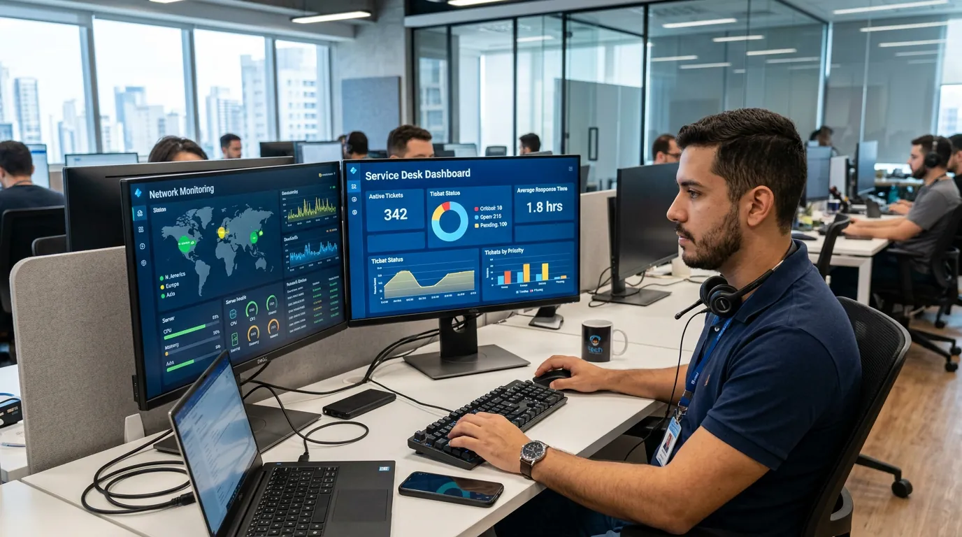 Profissional de TI analisando dashboard de Service Desk